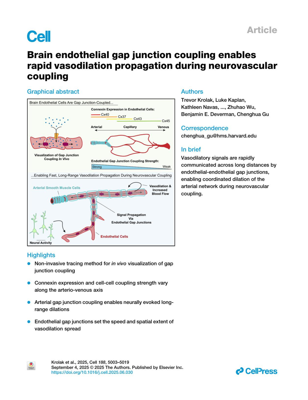 Brain Endothelial Gap Junction Coupling Enables Rapid Vasodilation Propagation During Neurovascular Coupling Trevor Krolak Luke Kaplan Kathleen Navas Lujing Chen Austin Birmingham Daniel Ryvkin Victoria Izsa Megan Powell Zhuhao Wu Benjamin E Deverman Chenghua Gu