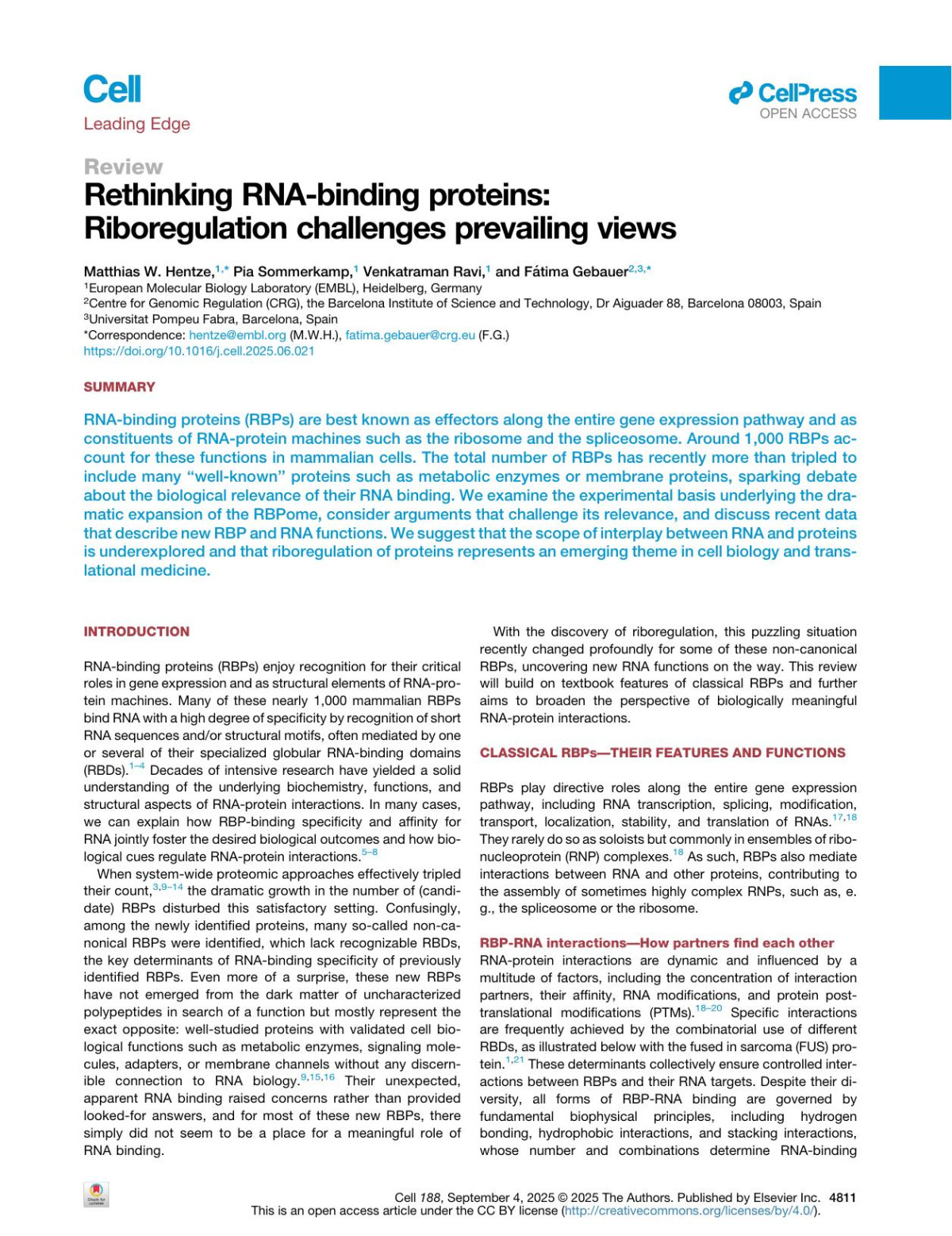 Rethinking Rnabinding Proteins Riboregulation Challenges Prevailing Views Matthias W Hentze Pia Sommerkamp Venkatraman Ravi Fátima Gebauer