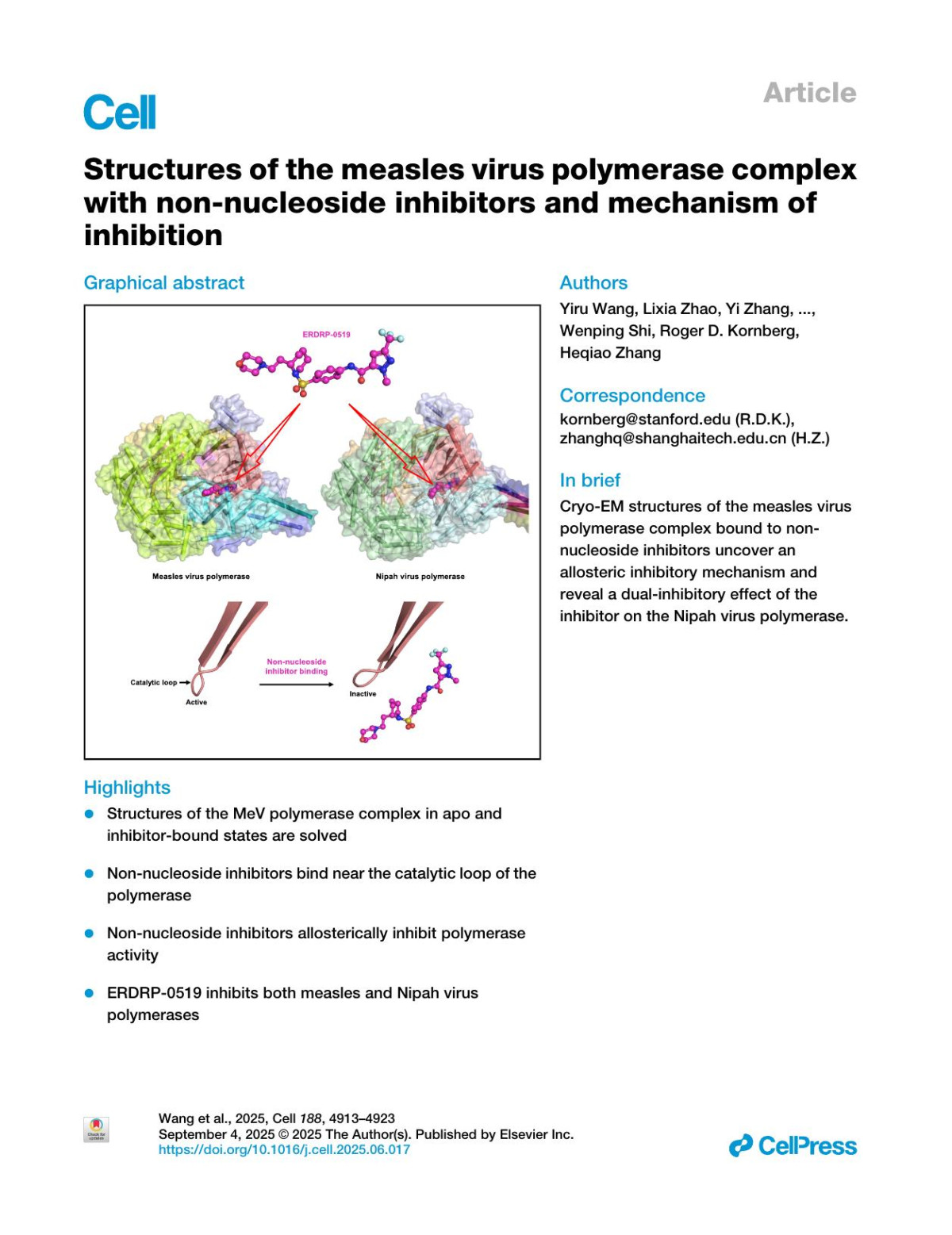 Structures Of The Measles Virus Polymerase Complex With Nonnucleoside Inhibitors And Mechanism Of Inhibition Yiru Wang Lixia Zhao Yi Zhang Xiuxia Gao Yannan Wang Wenping Shi Roger D Kornberg Heqiao Zhang