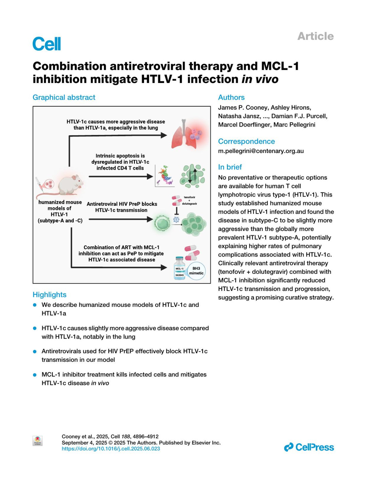 Combination Antiretroviral Therapy And Mcl1 Inhibition Mitigate Htlv1 Infection In Vivo James P Cooney Ashley Hirons Natasha Jansz Cody C Allison Peter Hickey Charis E Teh Tania Tan Laura F Dagley Jumana Yousef David Yurick Georges Khoury Simon P Preston Philip Arandjelovic Kathryn C Davidson Lewis J