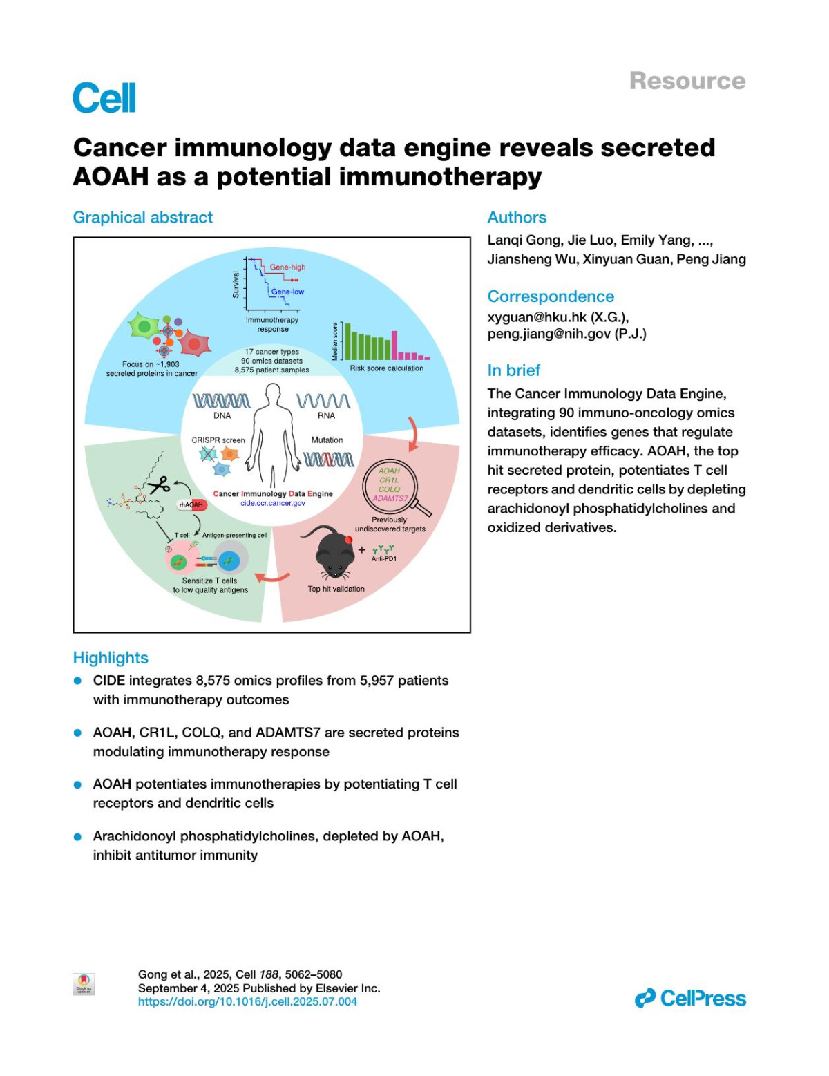 Cancer Immunology Data Engine Reveals Secreted Aoah As A Potential Immunotherapy Lanqi Gong Jie Luo Emily Yang Beibei Ru Ziyang Qi Yuma Yang Anshu Rani Abhilasha Purohit Yu Zhang Grace Guan Rohit Paul Trang Vu Zuojia Chen Renyue Ji Chiping Day Chuan Wu Glenn Merlino David Fitzgerald Grégoire
