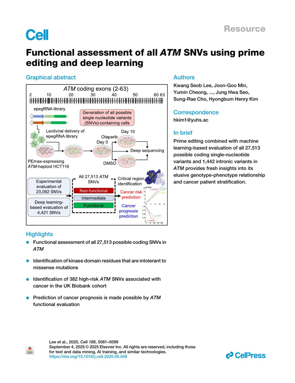 Functional Assessment Of All Atm Snvs Using Prime Editing And Deep Learning Kwang Seob Lee Joongoo Min Yumin Cheong Hyeongcheol Oh Seungyoun Jung Jeongin Park Myungjae Song Jung Hwa Seo Sungrae Cho Hyongbum Henry Kim