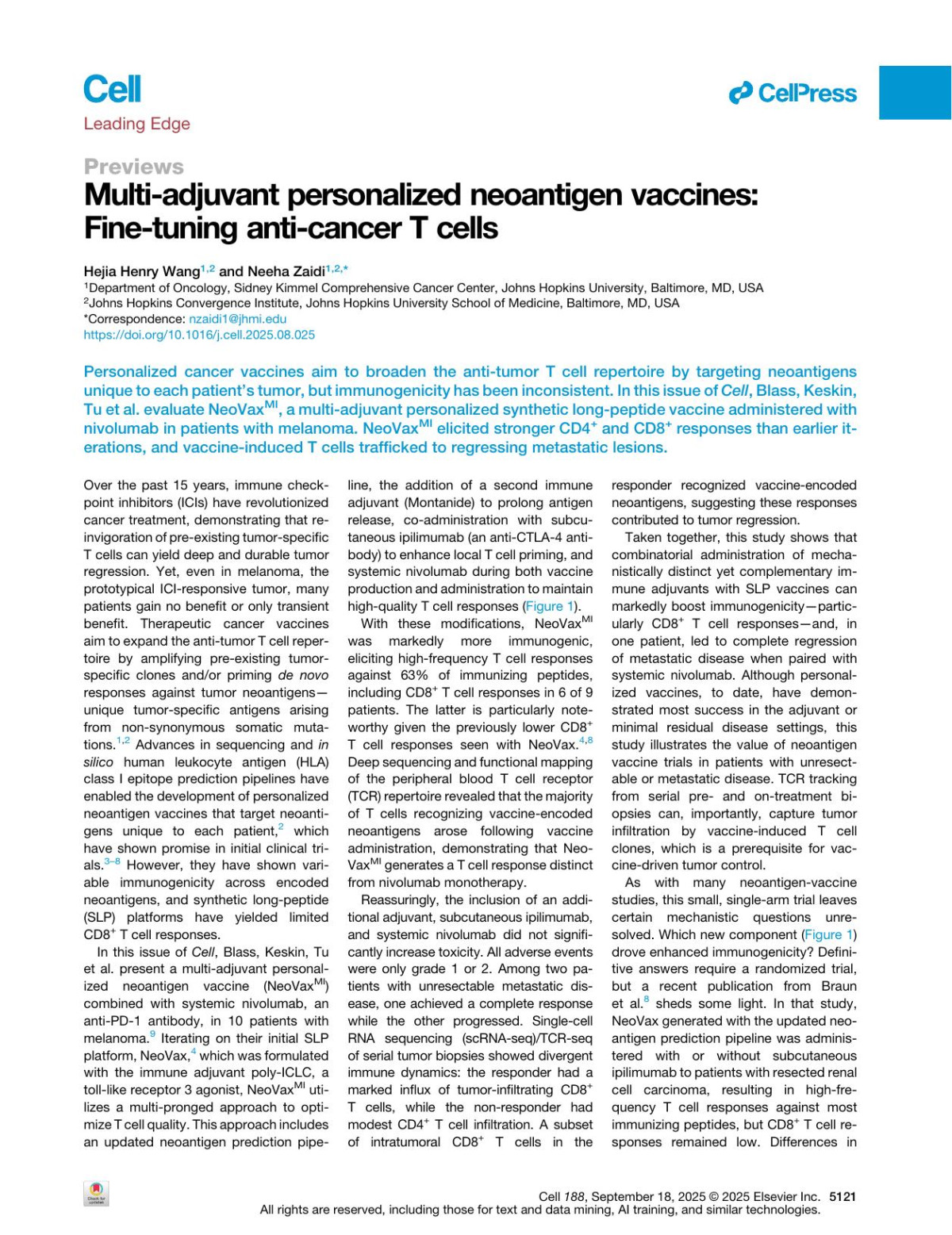 Multiadjuvant Personalized Neoantigen Vaccines Finetuning Anticancer T Cells Hejia Henry Wang Neeha Zaidi