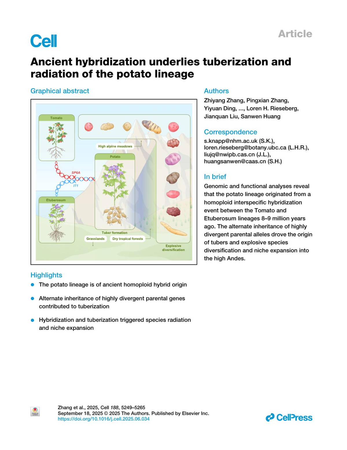 Ancient Hybridization Underlies Tuberization And Radiation Of The Potato Lineage Zhiyang Zhang Pingxian Zhang Yiyuan Ding Zefu Wang Zhaoxu Ma Edeline Gagnon Yuxin Jia Lin Cheng Zhigui Bao Zinan Liu Yaoyao Wu Yong Hu Qun Lian Weichao Lin Nan Wang Keyi Ye Hongru Wang Jinzhe Zhang Yongfeng Zhou