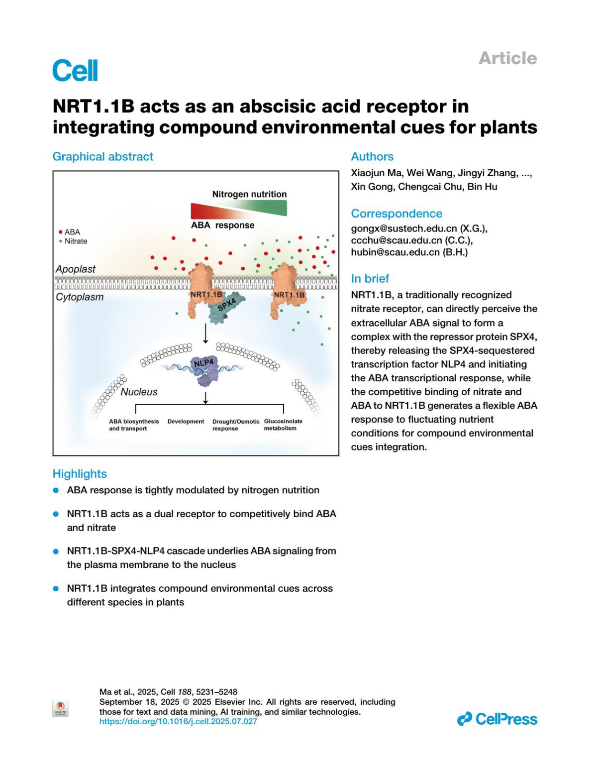 Nrt11b Acts As An Abscisic Acid Receptor In Integrating Compound Environmental Cues For Plants Xiaojun Ma Wei Wang Jingyi Zhang Zhimin Jiang Chengyuan Xu Wenjun Zhu Bihai Shi Wanling Yang Haiwei Su Xiaohan Wang Da Chen Yanfei Wang Juntao Wang Jingchi Wang Xiujie Liu Xiaotian Wang Xiahe Huang Wenjun Xie Yanting
