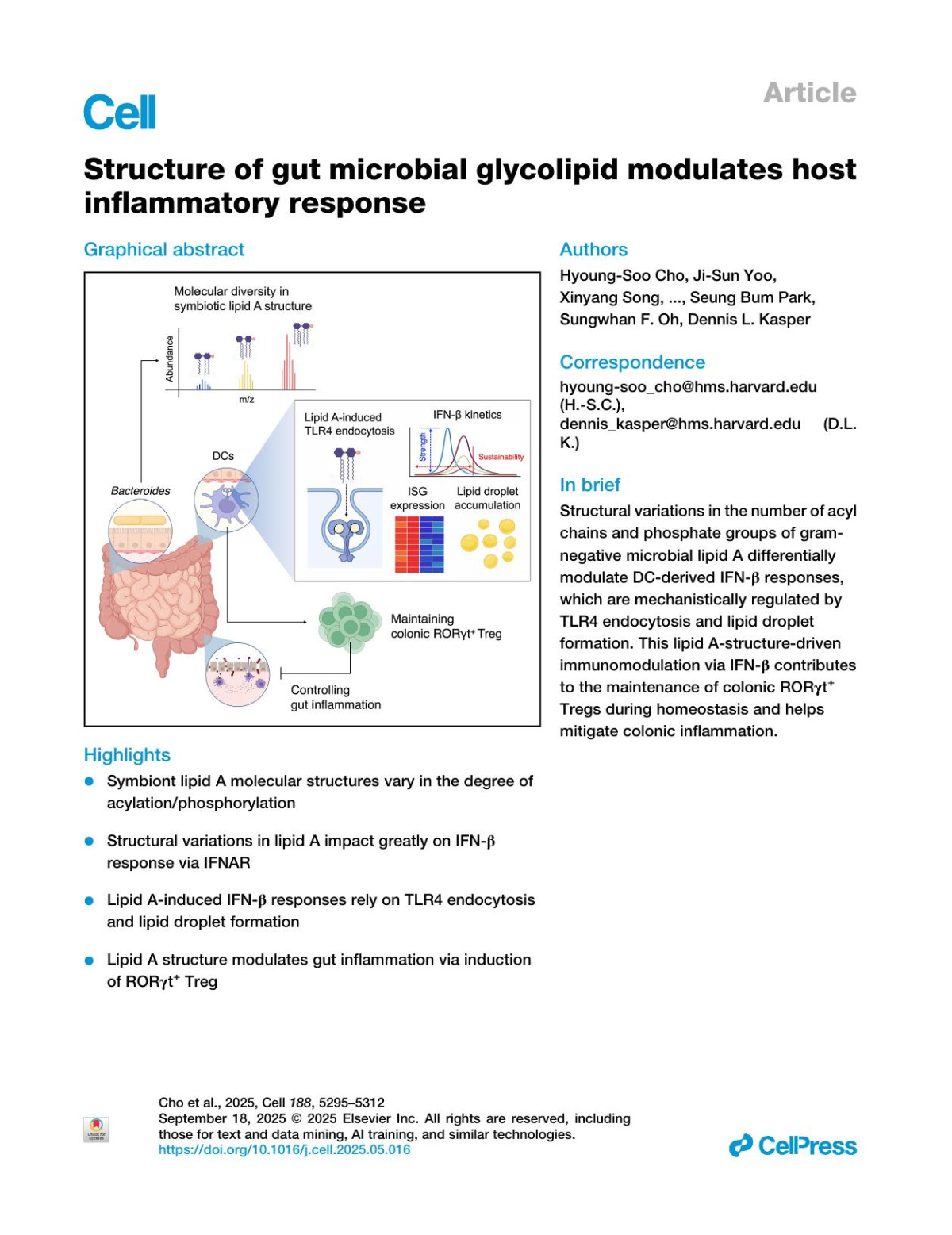 Structure Of Gut Microbial Glycolipid Modulates Host Inflammatory Response Hyoungsoo Cho Jisun Yoo Xinyang Song Byoungsook Goh Alos Diallo Jesang Lee Sumin Son Yoon Soo Hwang Seung Bum Park Sungwhan F Oh Dennis L Kasper