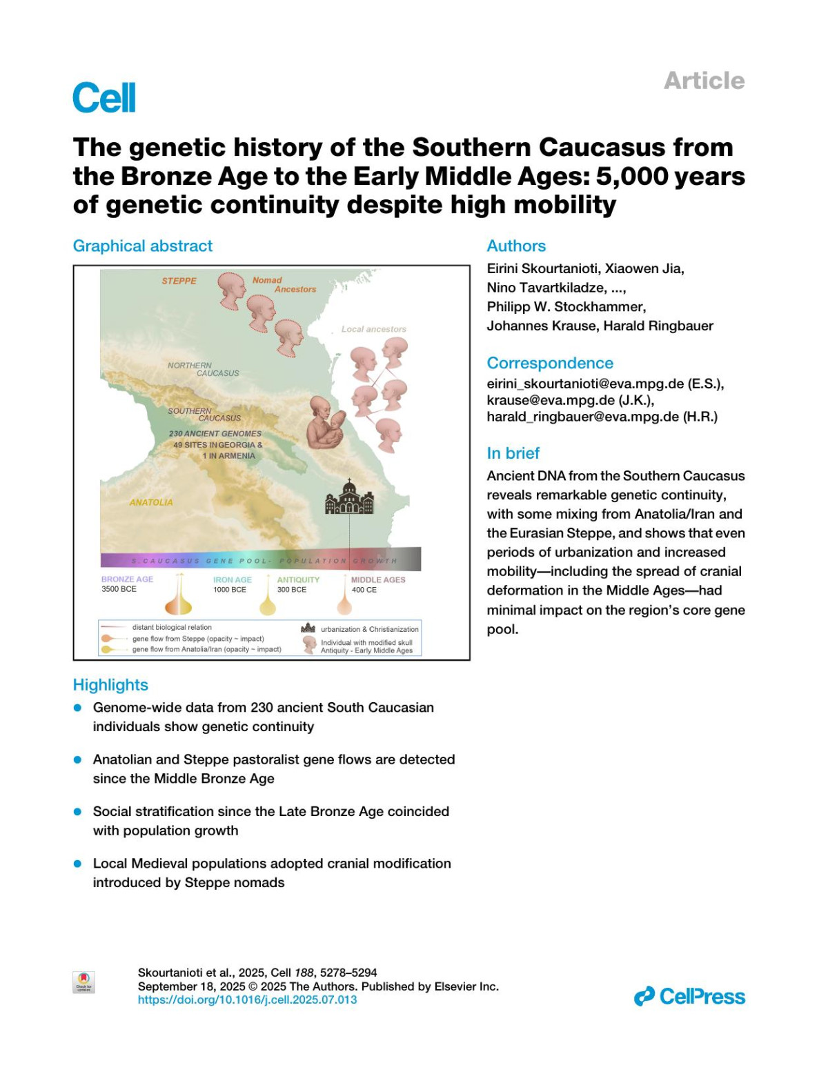 The Genetic History Of The Southern Caucasus From The Bronze Age To The Early Middle Ages 5000 Years Of Genetic Continuity Despite High Mobility Eirini Skourtanioti Xiaowen Jia Nino Tavartkiladze Liana Bitadze Ramaz Shengelia Nikoloz Tushabramishvili Vladimer Aslanishvili Boris Gasparyan Andrew W Kandel David Naumann Gunnar U Neumann Raffaela Angelina Bianco Angela