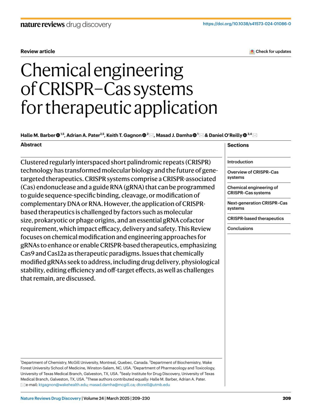 Chemical Engineering Of Crisprcas Systems For Therapeutic Application Halle M Barber Adrian A Pater Keith T Gagnon Masad J Damha Daniel Oreilly