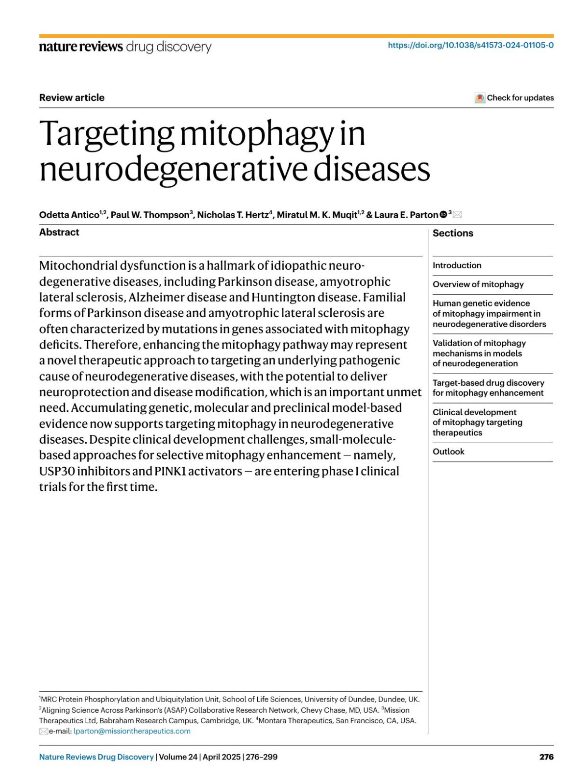 Targeting Mitophagy In Neurodegenerative Diseases Odetta Antico Paul W Thompson Nicholas T Hertz Miratul M K Muqit Laura E Parton