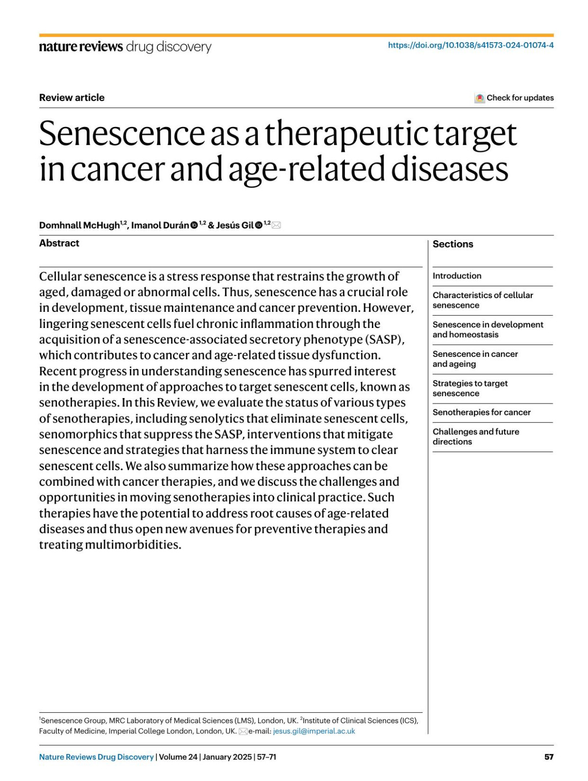 Senescence As A Therapeutic Target In Cancer And Agerelated Diseases Domhnall Mchugh Imanol Durán Jesús Gil