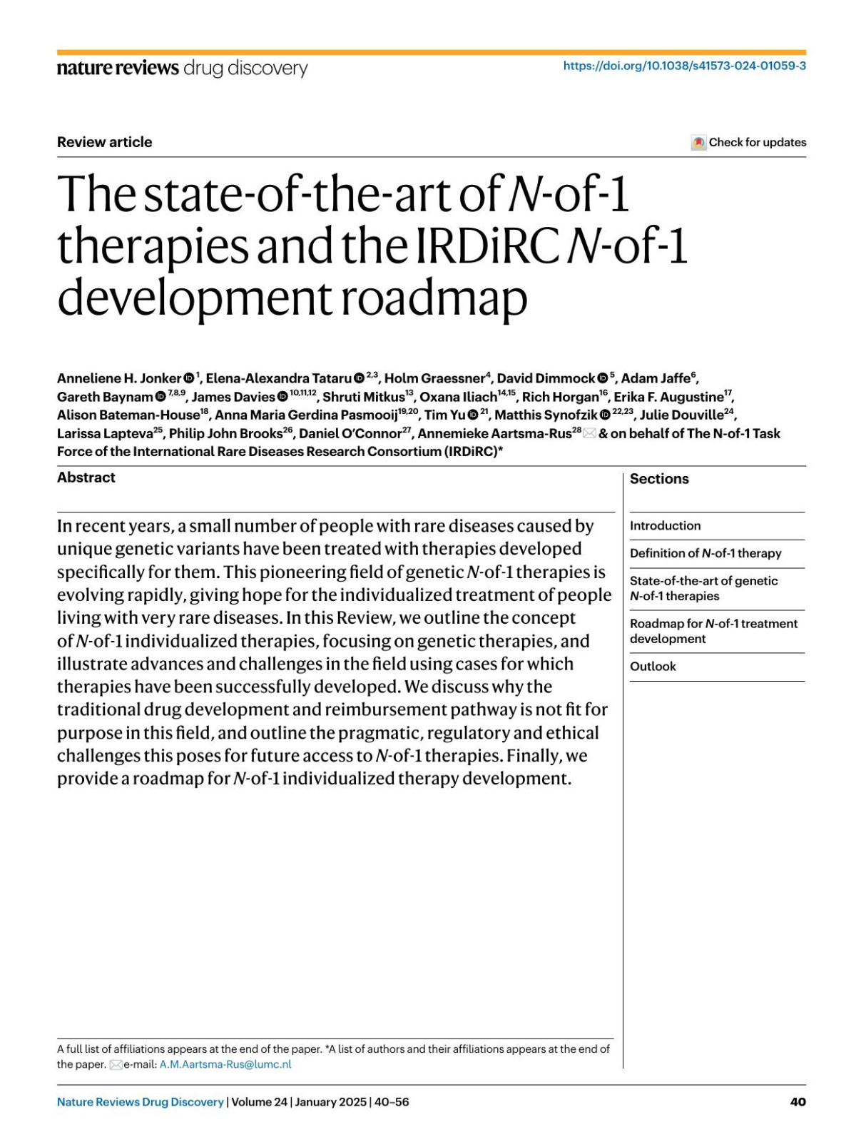 The Stateoftheart Of Nof1 Therapies And The Irdirc Nof1 Development Roadmap Anneliene H Jonker Elenaalexandra Tataru Holm Graessner David Dimmock Adam Jaffe Gareth Baynam James Davies Shruti Mitkus Oxana Iliach Rich Horgan Erika F Augustine Alison Batemanhouse Anna Maria Gerdina Pasmooij Tim Yu