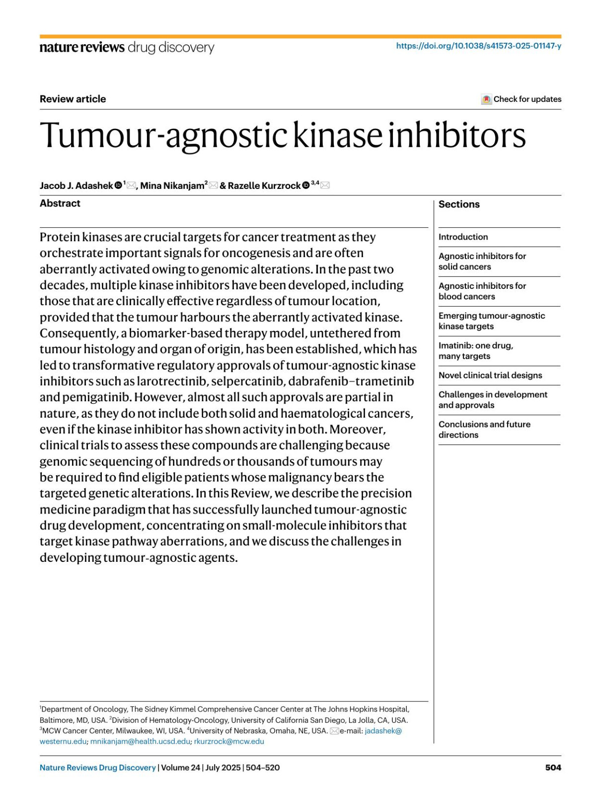 Tumouragnostic Kinase Inhibitors Jacob J Adashek Mina Nikanjam Razelle Kurzrock
