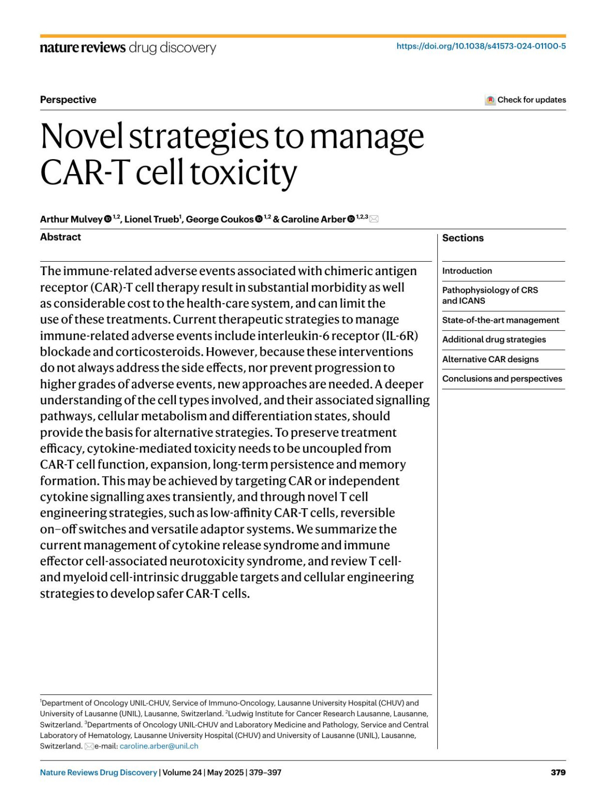 Novel Strategies To Manage Cart Cell Toxicity Arthur Mulvey Lionel Trueb George Coukos Caroline Arber