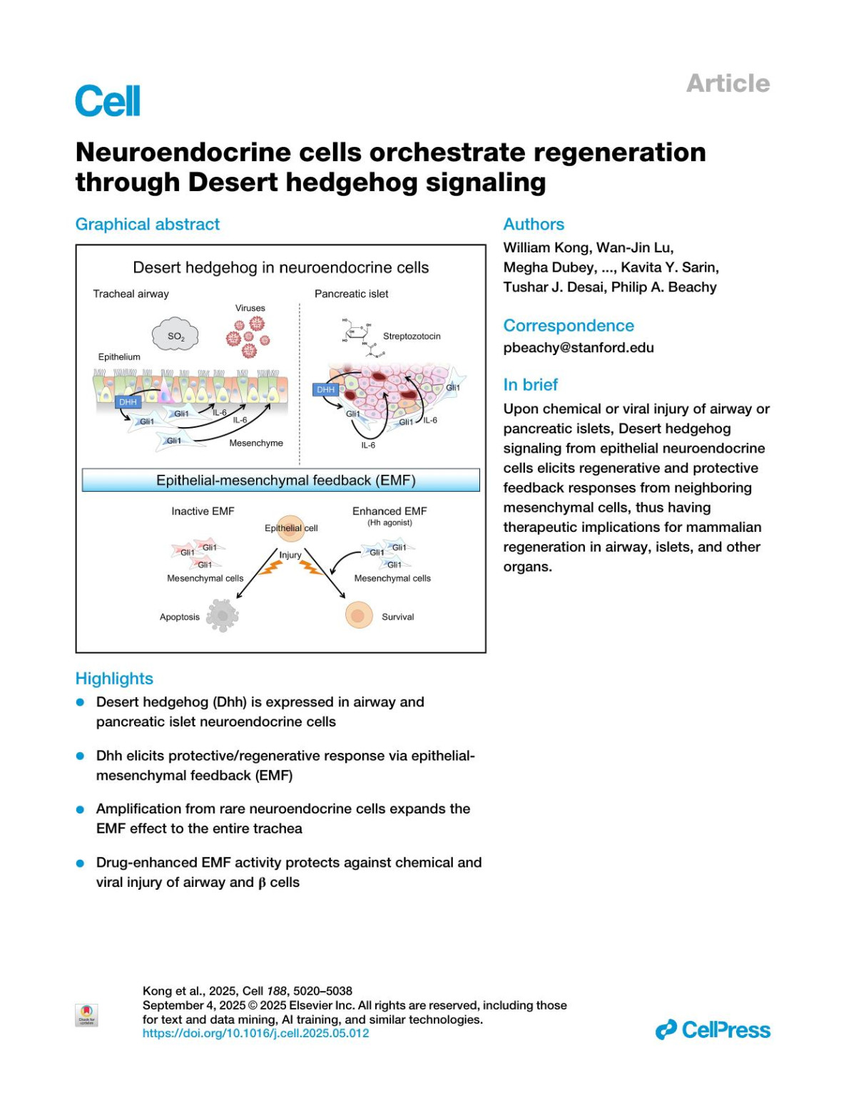 Neuroendocrine Cells Orchestrate Regeneration Through Desert Hedgehog Signaling William Kong Wanjin Lu Megha Dubey Rahul K Suryawanshi Sivakamasundari Vijayakumar Youngtae Jeong Saurabh Gombar Maximilian Diehn Kunyoo Shin Melanie Ott Yuehhsiu Chien Kavita Y Sarin Tushar J Desai Philip A Beachy