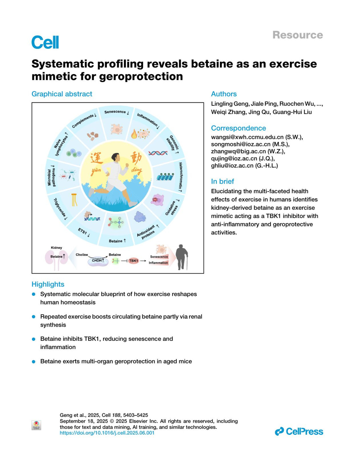 Systematic Profiling Reveals Betaine As An Exercise Mimetic For Geroprotection Lingling Geng Jiale Ping Ruochen Wu Haoteng Yan Hui Zhang Yuan Zhuang Taixin Ning Jun Wang Chuqian Liang Jiachen Zhang Qingqing Chu Jing Zhang Yifan Wen Yaobin Jing Shuhui Sun Qin Qiao Qian Zhao Qianzhao Ji Shuai Ma