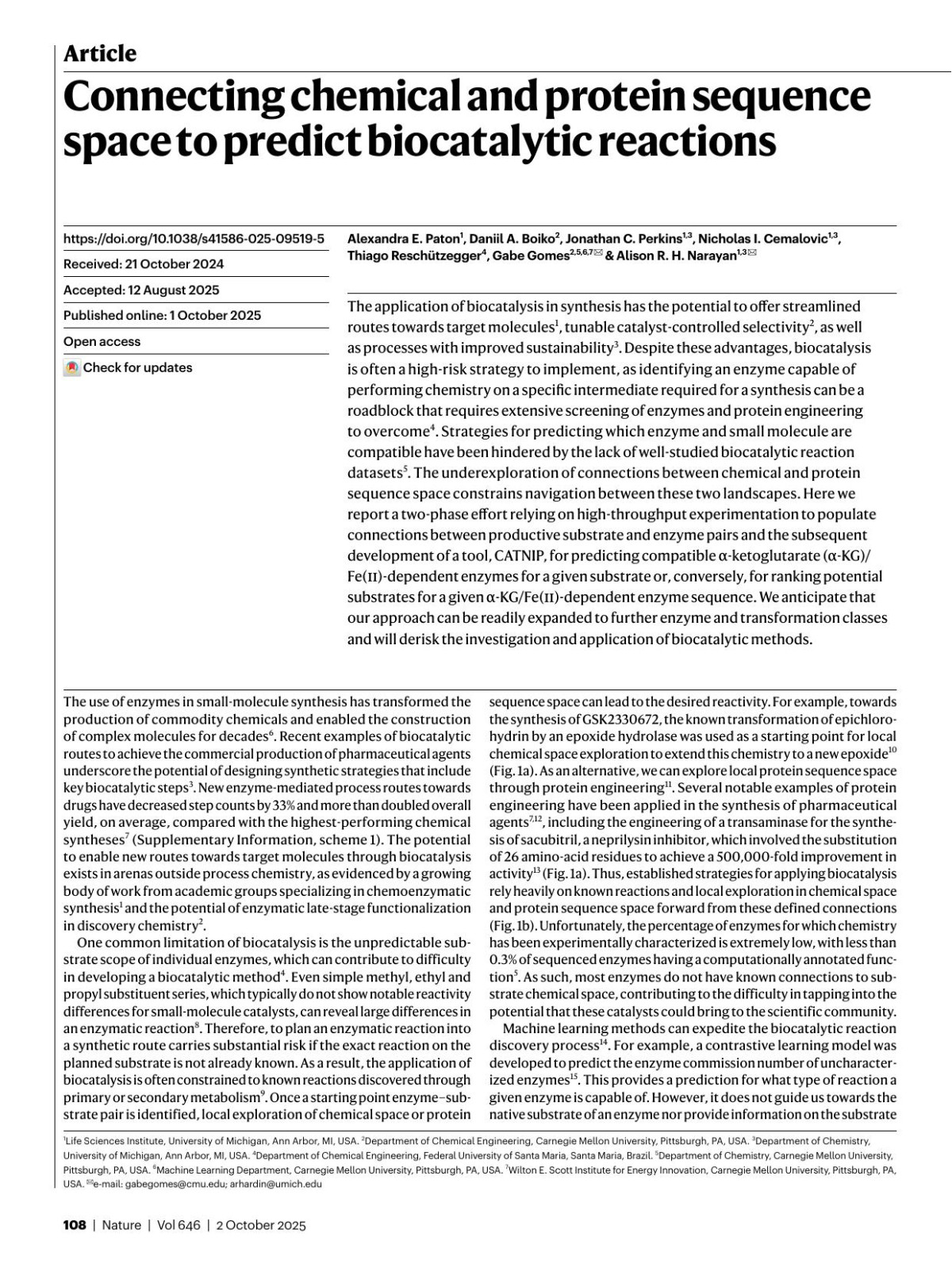 Connecting Chemical And Protein Sequence Space To Predict Biocatalytic Reactions Alexandra E Paton Daniil A Boiko Jonathan C Perkins Nicholas I Cemalovic Thiago Reschützegger Gabe Gomes Alison R H Narayan