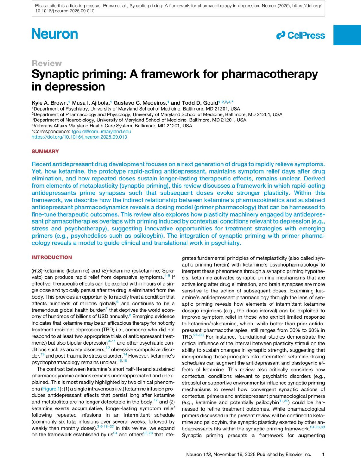 Synaptic Priming A Framework For Pharmacotherapy In Depression Kyle A Brown Musa I Ajibola Gustavo C Medeiros Todd D Gould