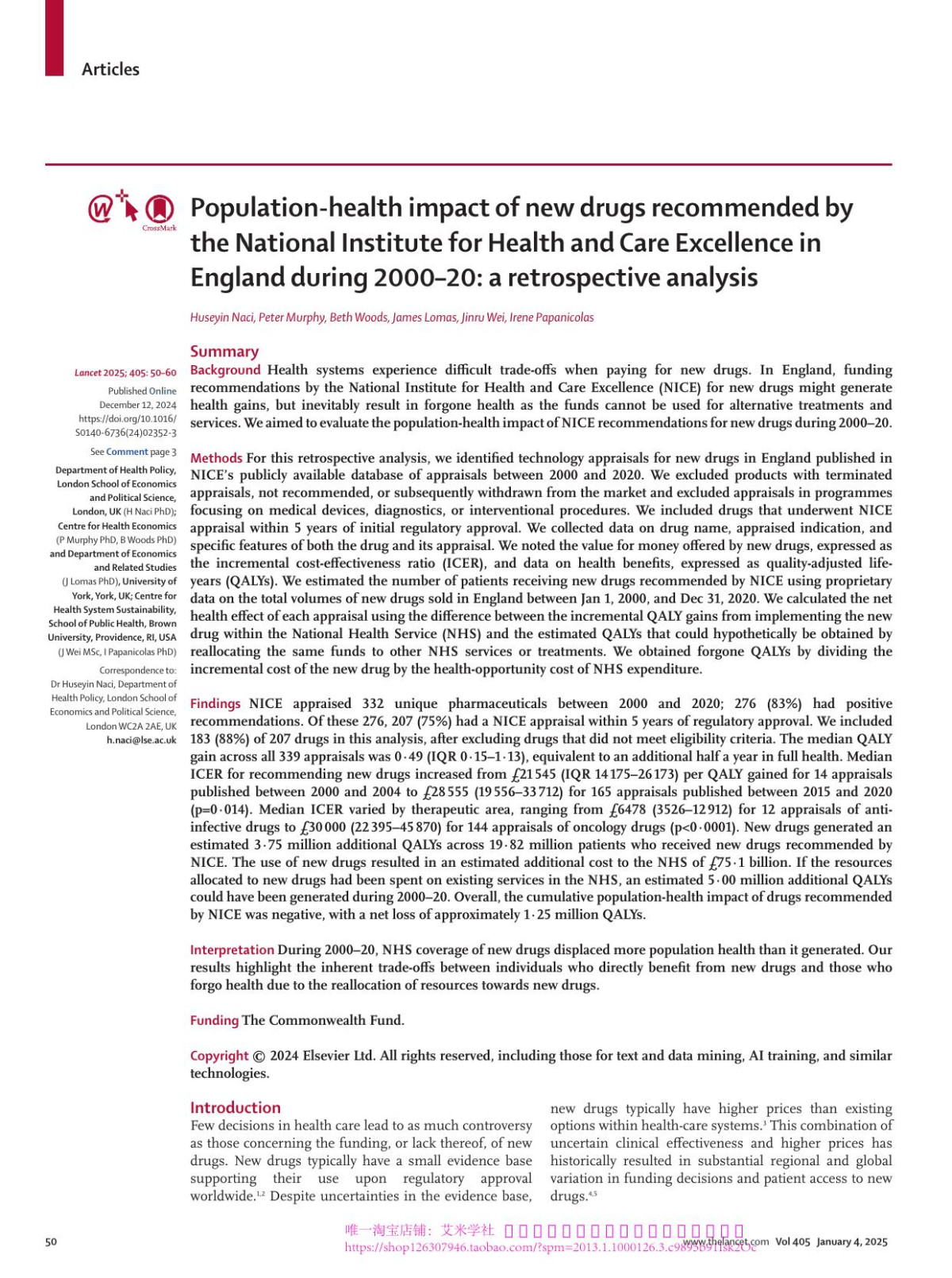 Populationhealth Impact Of New Drugs Recommended By The National Institute For Health And Care Excellence In England During 2000ãââœ20 A Retrospective Analysis Huseyin Naci Phd Peter Murphy Phd Beth Woods Phd James Lomas Phd Jinru Wei Msc Irene Papanicolas Phd