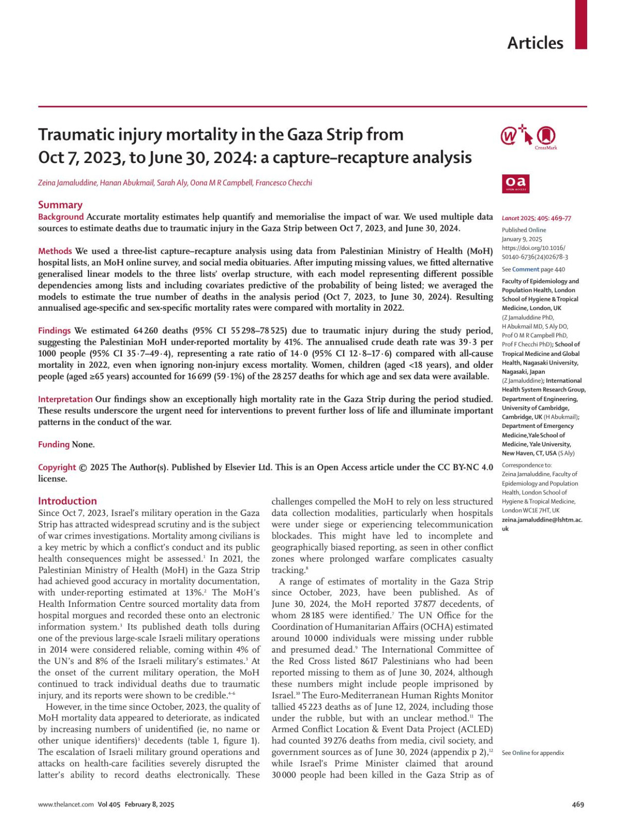 Traumatic Injury Mortality In The Gaza Strip From Oct 7 2023 To June 30 2024 A Captureãââœrecapture Analysis Zeina Jamaluddine Phd Hanan Abukmail Md Sarah Aly Do Prof Oona M R Campbell Phd Prof Francesco Checchi Phd