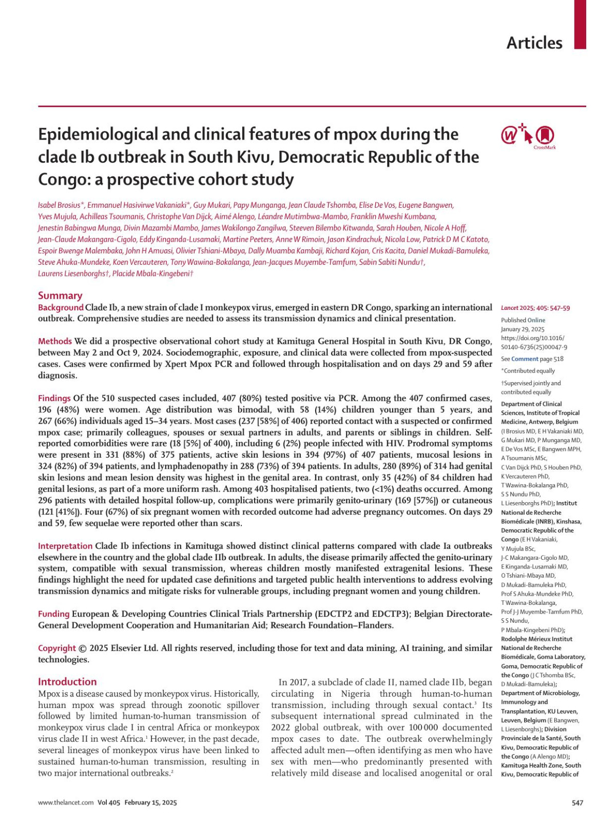 Epidemiological And Clinical Features Of Mpox During The Clade Ib Outbreak In South Kivu Democratic Republic Of The Congo A Prospective Cohort Study Isabel Brosius Md Emmanuel Hasivirwe Vakaniaki Md Guy Mukari Md Papy Munganga Md Jean Claude Tshomba Bsc Elise De Vos Msc Eugene Bangwen Mph Yves Mujula Bsc Achilleas Tsoumanis Msc Christophe Van Dijck Phd Aimã Alengo Md Lãandre