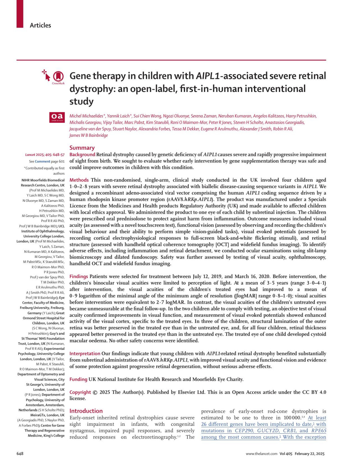 Gene Therapy In Children With Aipl1associated Severe Retinal Dystrophy An Openlabel Firstinhuman Interventional Study Prof Michel Michaelides Md Yannik Laich Md Sui Chien Wong Md Ngozi Oluonye Md Serena Zaman Md Neruban Kumaran Md Angelos Kalitzeos Phd Harry Petrushkin Md Michalis Georgiou Md Vijay Tailor Phd Marc Pabst Msc Kim Staeubli Msc