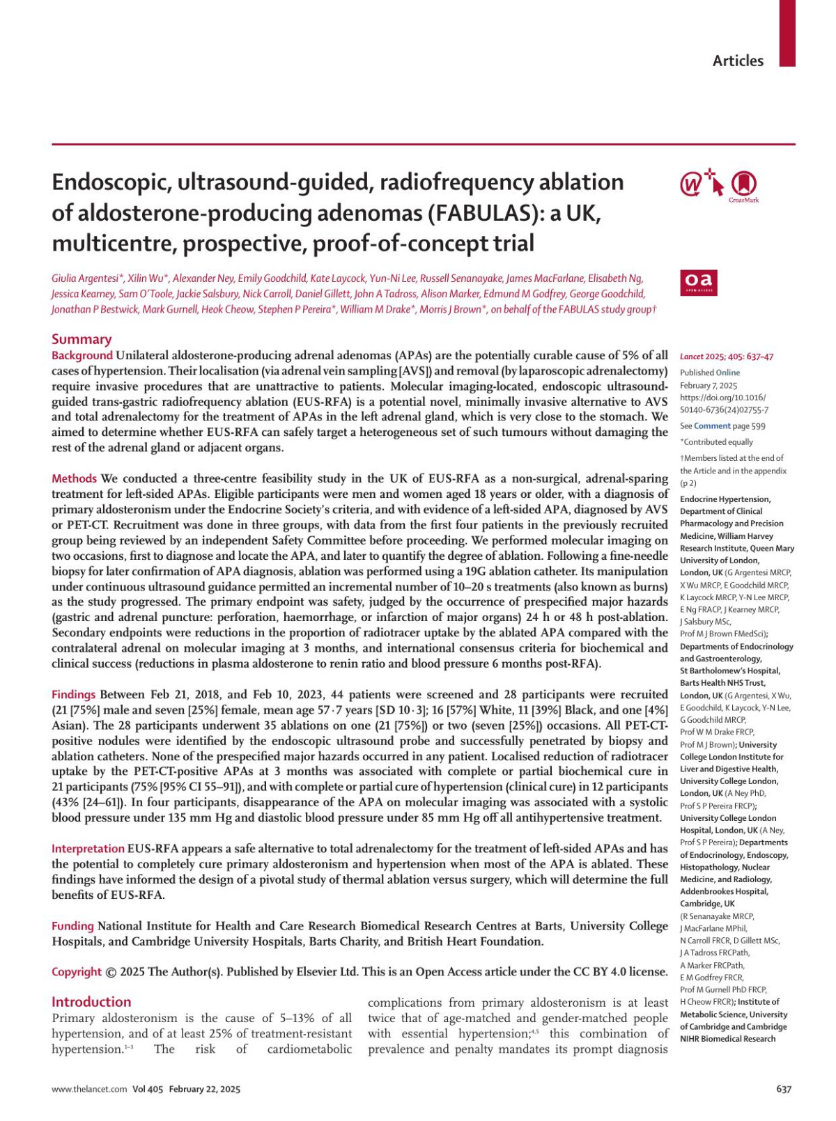 Endoscopic Ultrasoundguided Radiofrequency Ablation Of Aldosteroneproducing Adenomas Fabulas A Uk Multicentre Prospective Proofofconcept Trial Giulia Argentesi Mrcp Xilin Wu Mrcp Alexander Ney Phd Emily Goodchild Mrcp Kate Laycock Mrcp Yunni Lee Mrcp Russell Senanayake Mrcp James Macfarlane Mphil Elisabeth Ng Fracp Jessica Kearney Mrcp Sam Otoole Mrcp Jackie Salsbury