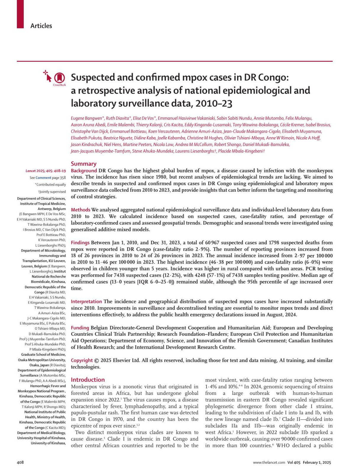 Suspected And Confirmed Mpox Cases In Dr Congo A Retrospective Analysis Of National Epidemiological And Laboratory Surveillance Data 201023 Eugene Bangwen Mph Ruth Diavita Md Elise De Vos Msc Emmanuel Hasivirwe Vakaniaki Md Sabin Sabiti Nundu Phd Annie Mutombo Msc Felix Mulangu Phd Aaron Aruna Abedi Msc Emile Malembi Mph Thierry Kalonji Mph Cris Kacita Md Eddy