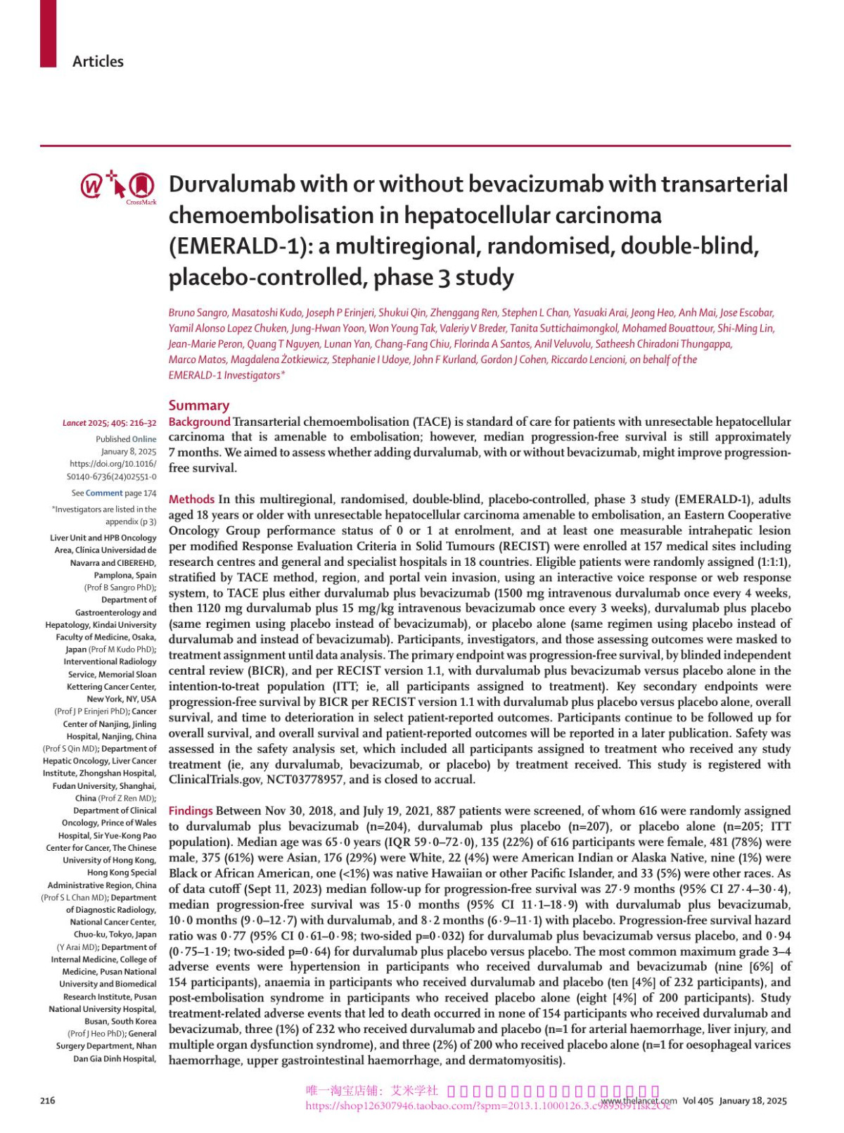 Durvalumab With Or Without Bevacizumab With Transarterial Chemoembolisation In Hepatocellular Carcinoma Emerald1 A Multiregional Randomised Doubleblind Placebocontrolled Phase 3 Study Prof Bruno Sangro Phd Prof Masatoshi Kudo Phd Prof Joseph P Erinjeri Phd Prof Shukui Qin Md Prof Zhenggang Ren Md Prof Stephen L Chan Md Yasuaki Arai Md Prof Jeong Heo Phd Anh Mai Md Jose Escobar Md Yamil Alonso Lopez Chuken Mbbs