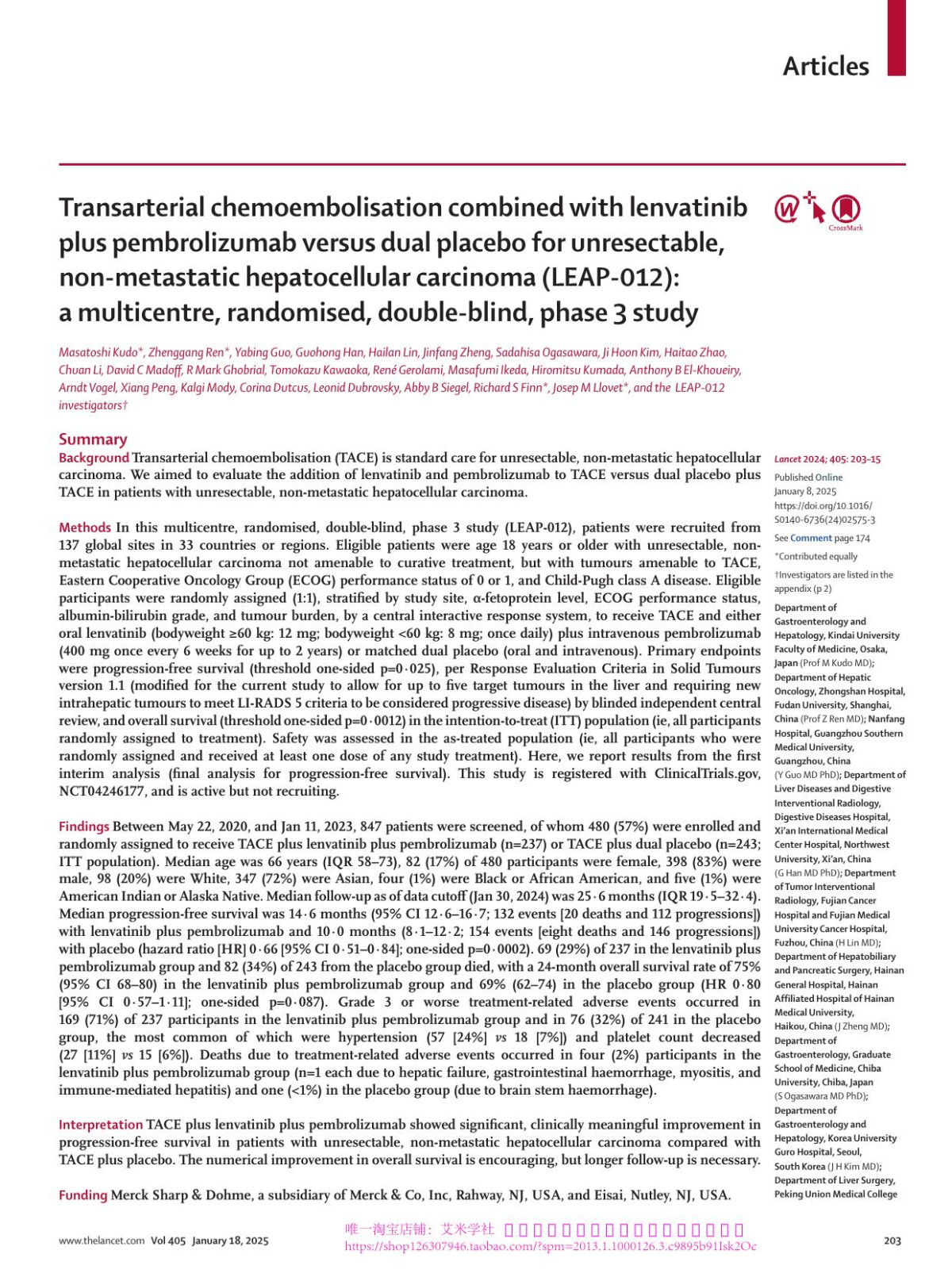 Transarterial Chemoembolisation Combined With Lenvatinib Plus Pembrolizumab Versus Dual Placebo For Unresectable Nonmetastatic Hepatocellular Carcinoma Leap012 A Multicentre Randomised Doubleblind Phase 3 Study Prof Masatoshi Kudo Md Prof Zhenggang Ren Md Yabing Guo Md Phd Guohong Han Md Phd Hailan Lin Md Jinfang Zheng Md Sadahisa Ogasawara Md Phd Ji Hoon Kim Md Haitao Zhao Md Chuan Li Md David C Madoff Md R Mark Ghobrial Md Phd