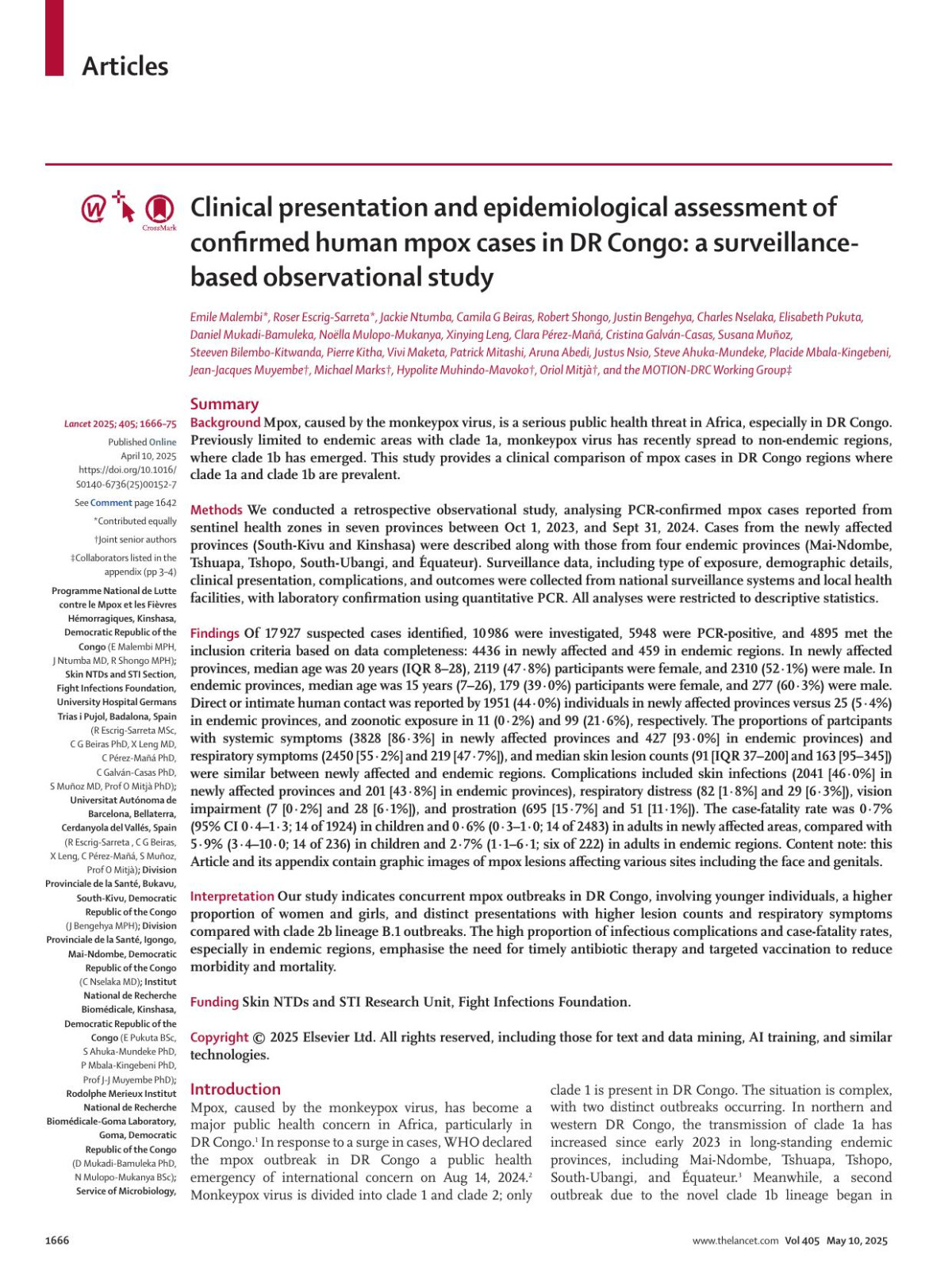Clinical Presentation And Epidemiological Assessment Of Confirmed Human Mpox Cases In Dr Congo A Surveillancebased Observational Study Emile Malembi Mph Roser Escrigsarreta Msc Jackie Ntumba Md Camila G Beiras Phd Robert Shongo Mph Justin Bengehya Mph Charles Nselaka Md Elisabeth Pukuta Bsc Daniel Mukadibamuleka Phd Noãlla Mulopomukanya Bsc Xinying Leng Md