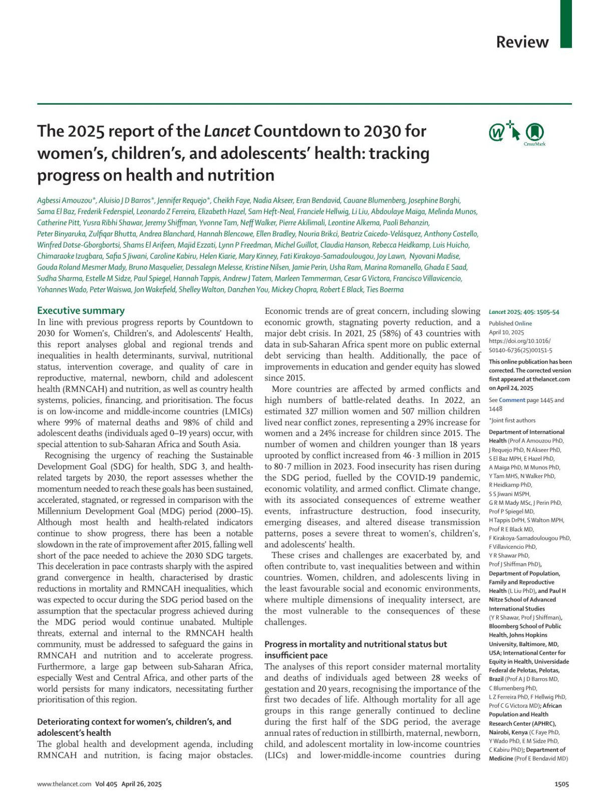 The 2025 Report Of The Lancet Countdown To 2030 For Womens Childrens And Adolescents Health Tracking Progress On Health And Nutrition Prof Agbessi Amouzou Phd Prof Aluisio J D Barros Md Jennifer Requejo Phd Cheikh Faye Phd Nadia Akseer Phd Prof Eran Bendavid Md Cauane Blumenberg Phd Prof Josephine Borghi Phd Sama El Baz Mph Frederik Federspiel Md Leonardo Z