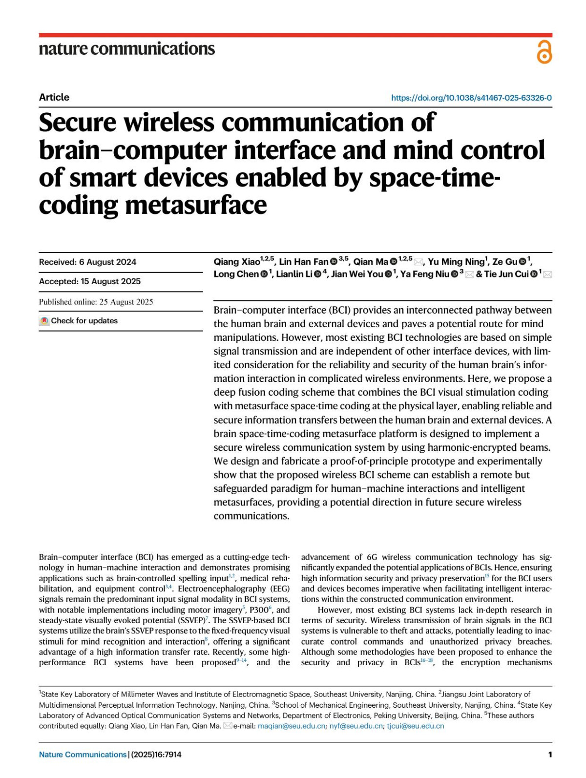 Secure Wireless Communication Of Braincomputer Interface And Mind Control Of Smart Devices Enabled By Spacetimecoding Metasurface Qiang Xiao Lin Han Fan Qian Ma Yu Ming Ning Ze Gu Long Chen Lianlin Li Jian Wei You Ya Feng Niu Tie Jun Cui
