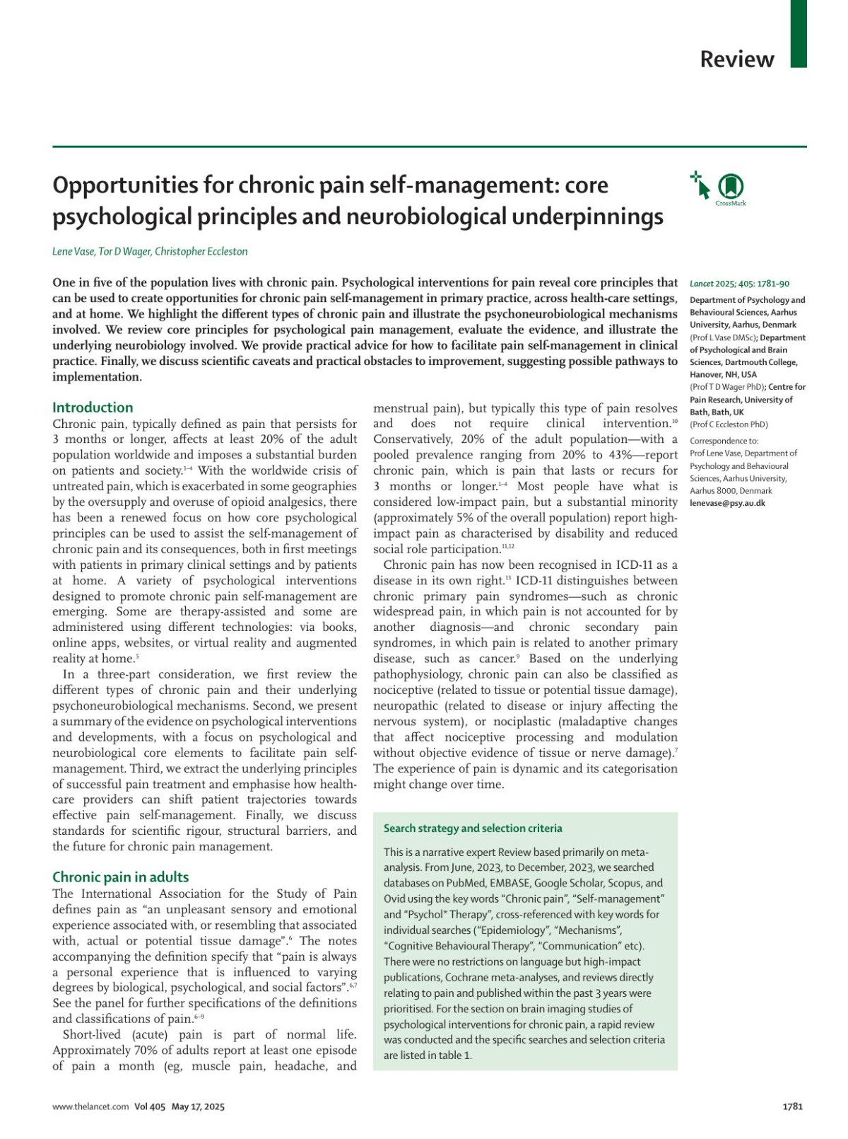 Opportunities For Chronic Pain Selfmanagement Core Psychological Principles And Neurobiological Underpinnings Prof Lene Vase Dmsc Prof Tor D Wager Phd Prof Christopher Eccleston Phd