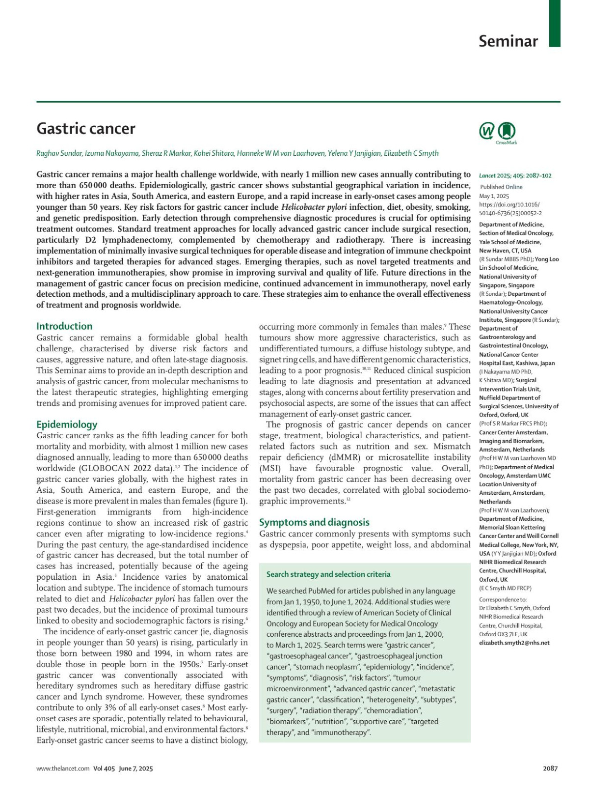 Gastric Cancer Raghav Sundar Mbbs Phd Izuma Nakayama Md Phd Prof Sheraz R Markar Frcs Phd Kohei Shitara Md Prof Hanneke W M Van Laarhoven Md Phd Yelena Y Janjigian Md Elizabeth C Smyth Md Frcp