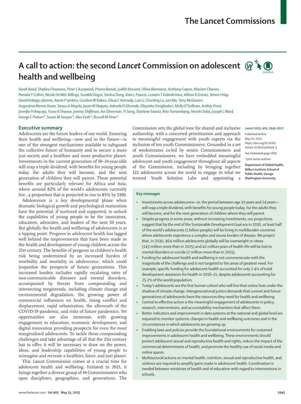 A Call To Action The Second Lancet Commission On Adolescent Health And Wellbeing Prof Sarah Baird Phd Shakira Choonara Phd Prof Peter S Azzopardi Phd Prerna Banati Phd Prof Judith Bessant Phd Olivia Biermann Phd Prof Anthony Capon Phd Mariam Claeson Md Prof Pamela Y Collins Md Prof Nicole De Wetbillings Phd