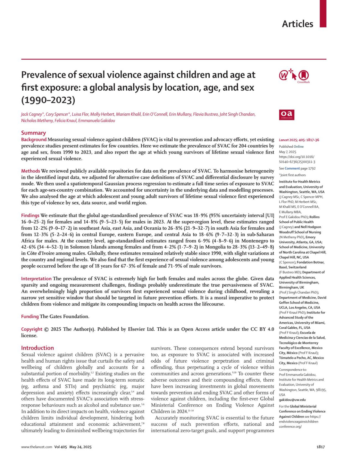 Prevalence Of Sexual Violence Against Children And Age At First Exposure A Global Analysis By Location Age And Sex 1990ãââœ2023 Jack Cagney Msc Cory Spencer Mph Luisa Flor Phd Molly Herbert Msc Mariam Khalil Ms Erin Oconnell Ba Erin Mullany Mba Flavia Bustreo Md Prof Joht Singh Chandan Phd Nicholas Metheny Phd Prof Felicia Knaul Phd Prof Emmanuela Gakidou