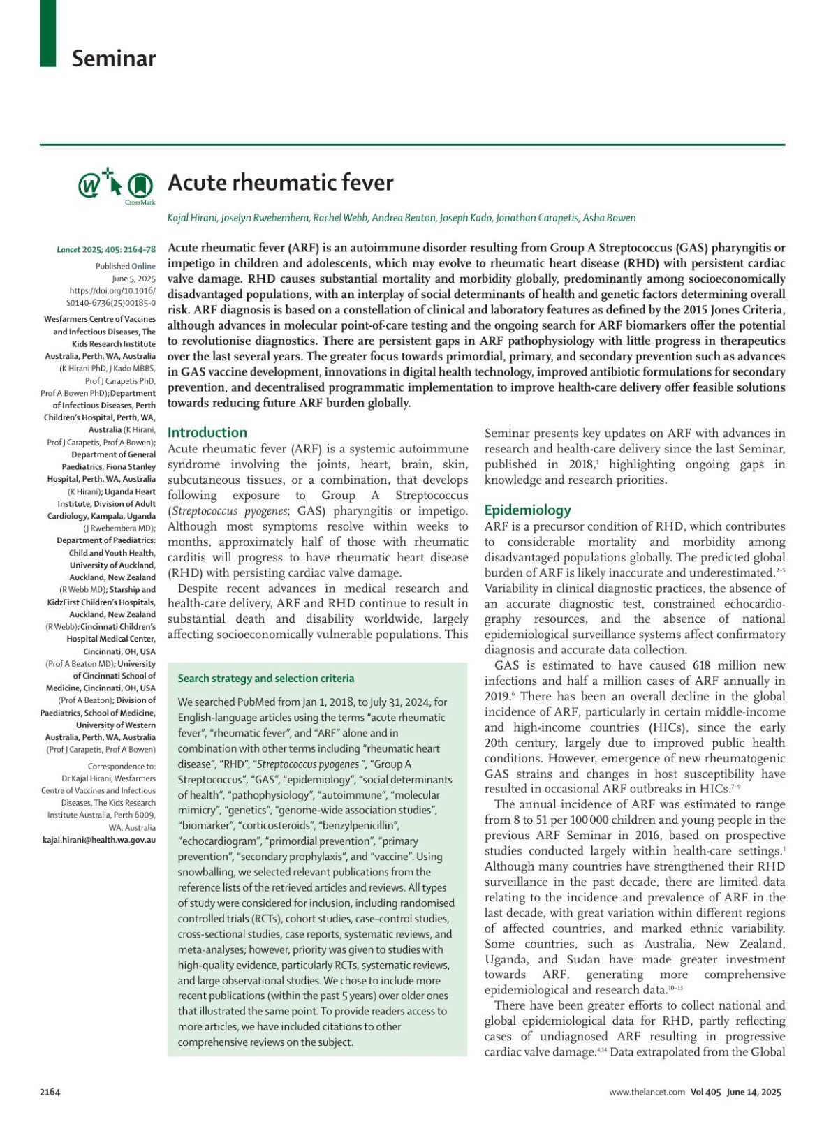 Acute Rheumatic Fever Kajal Hirani Phd Joselyn Rwebembera Md Rachel Webb Md Prof Andrea Beaton Md Joseph Kado Mbbs Prof Jonathan Carapetis Phd Prof Asha Bowen Phd