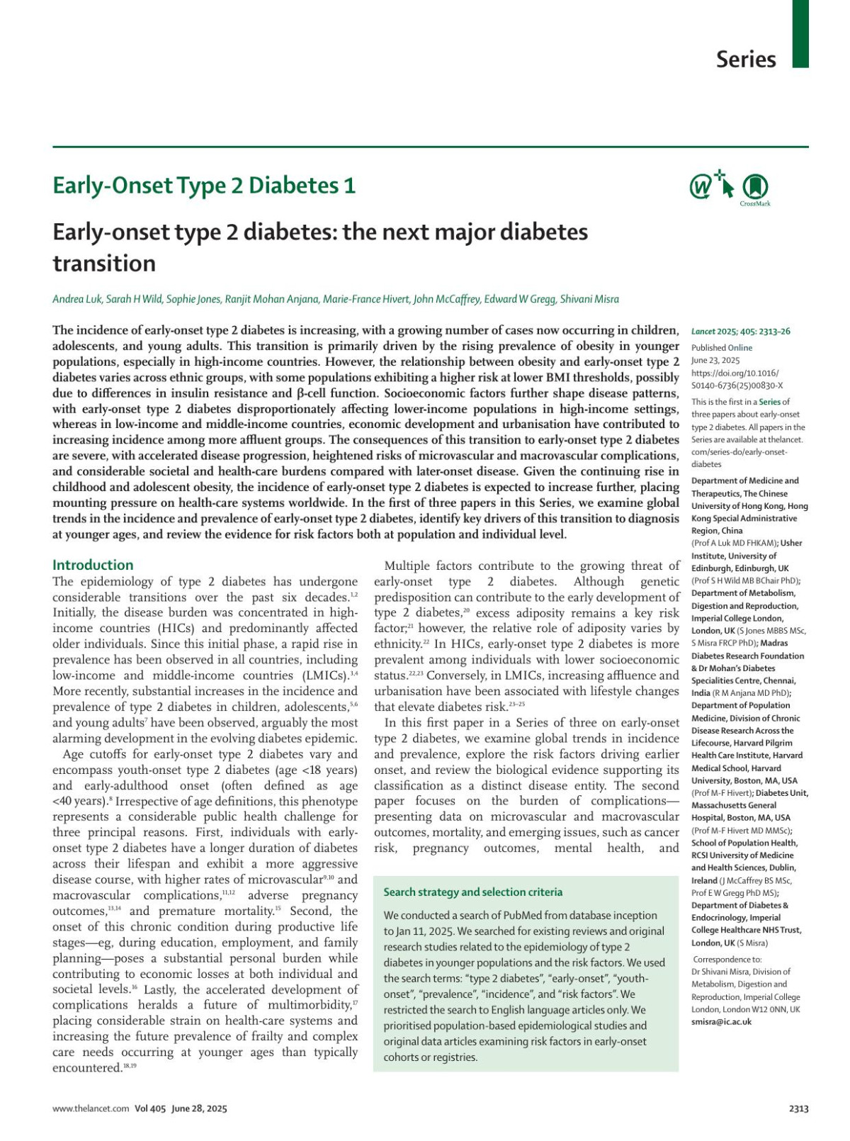 Earlyonset Type 2 Diabetes The Next Major Diabetes Transition Prof Andrea Luk Md Fhkam Prof Sarah H Wild Mb Bchair Phd Sophie Jones Mbbs Msc Ranjit Mohan Anjana Md Phd Prof Mariefrance Hivert Md Mmsc John Mccaffrey Bs Msc Prof Edward W Gregg Phd Ms Shivani Misra Frcp Phd