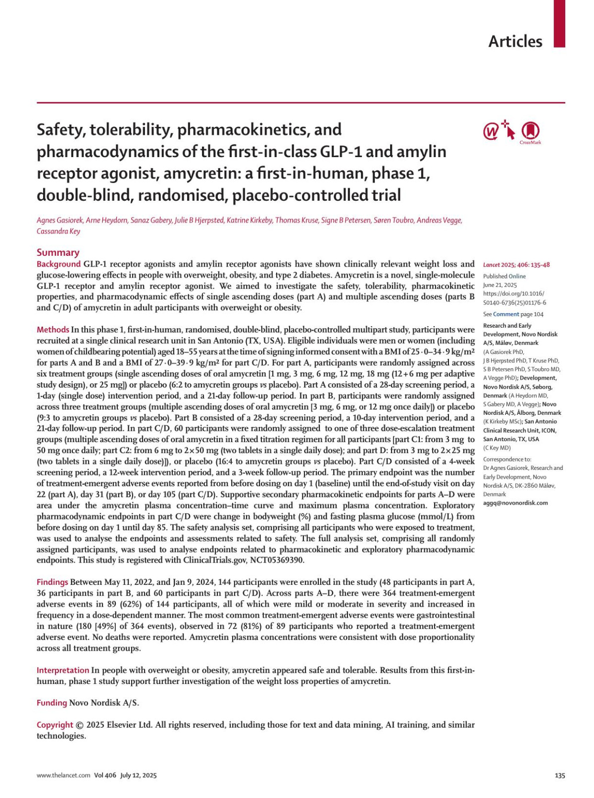 Safety Tolerability Pharmacokinetics And Pharmacodynamics Of The Firstinclass Glp1 And Amylin Receptor Agonist Amycretin A Firstinhuman Phase 1 Doubleblind Randomised Placebocontrolled Trial Agnes Gasiorek Phd Arne Heydorn Md Sanaz Gabery Md Julie B Hjerpsted Phd Katrine Kirkeby Msc Thomas Kruse Phd Signe B Petersen Phd Sã Ren Toubro Md Andreas Vegge Phd Cassandra Key Md