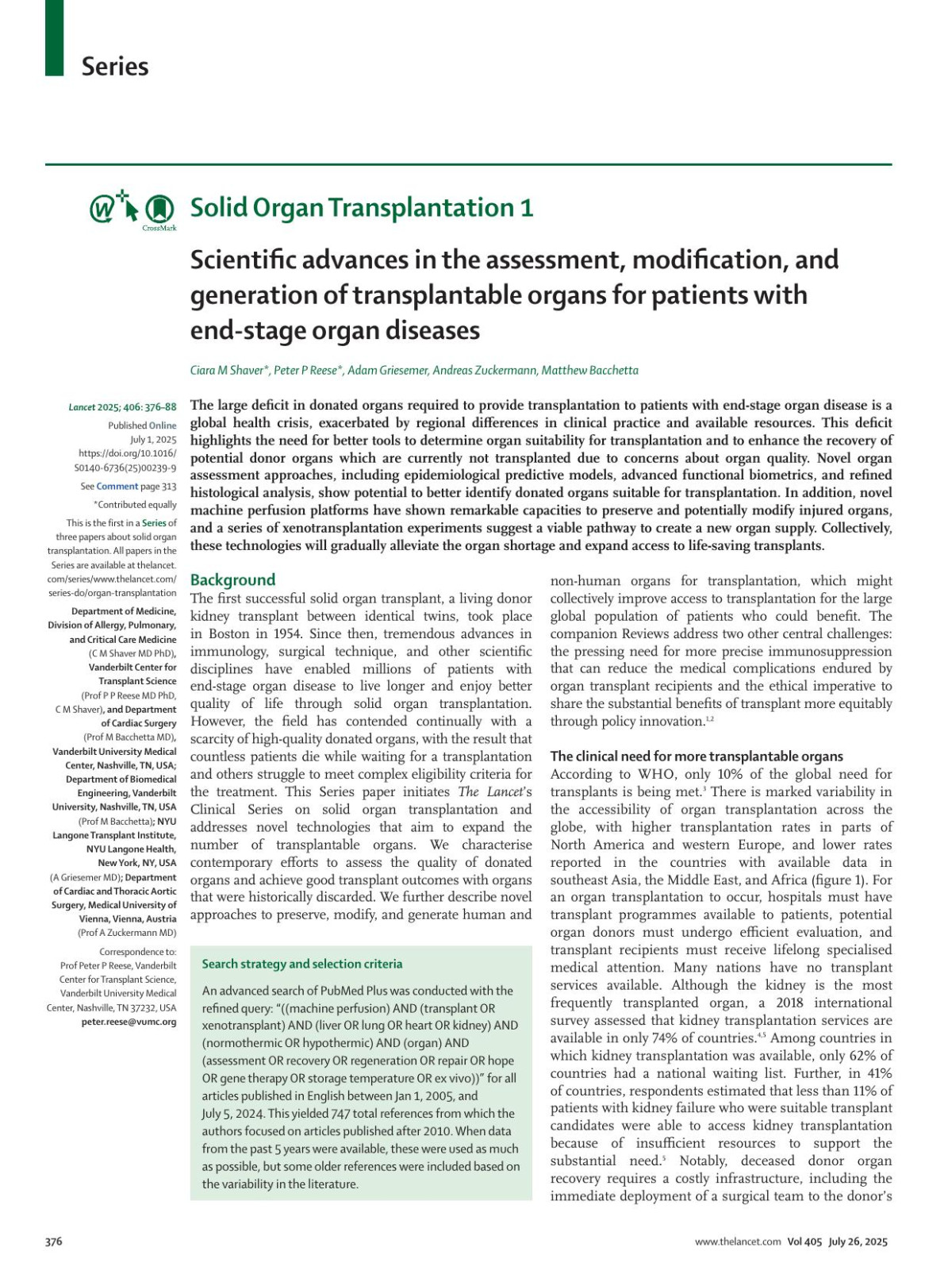 Scientific Advances In The Assessment Modification And Generation Of Transplantable Organs For Patients With Endstage Organ Diseases Ciara M Shaver Md Phd Prof Peter P Reese Md Phd Adam Griesemer Md Prof Andreas Zuckermann Md Prof Matthew Bacchetta Md