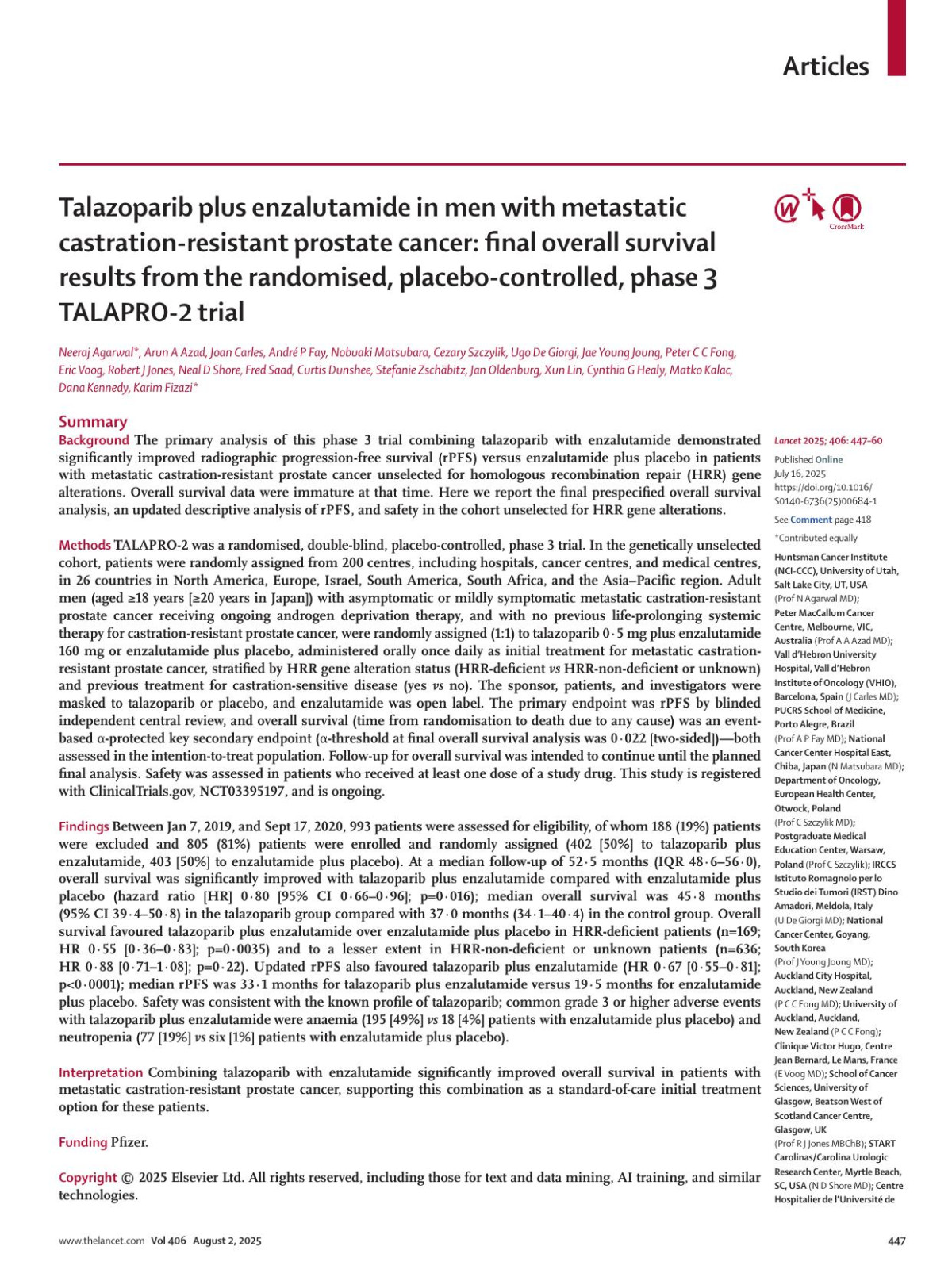 Talazoparib Plus Enzalutamide In Men With Metastatic Castrationresistant Prostate Cancer Final Overall Survival Results From The Randomised Placebocontrolled Phase 3 Talapro2 Trial Prof Neeraj Agarwal Md Prof Arun A Azad Md Joan Carles Md Prof Andrã P Fay Md Nobuaki Matsubara Md Prof Cezary Szczylik Md Ugo De Giorgi Md Prof Jae Young Joung Md Prof Peter C C Fong Md Eric Voog Md Prof Robert J Jones Mbchb