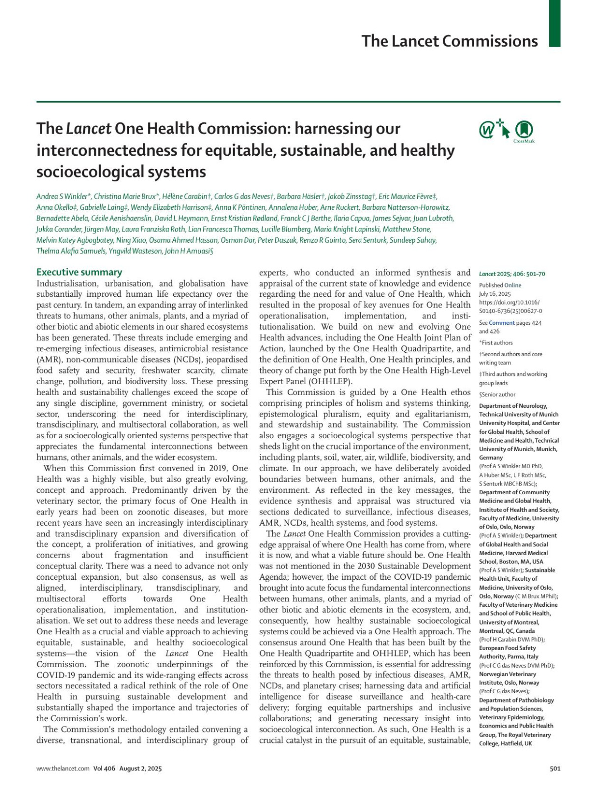 The Lancet One Health Commission Harnessing Our Interconnectedness For Equitable Sustainable And Healthy Socioecological Systems Prof Andrea S Winkler Md Phd Christina Marie Brux Mphil Prof Hãlã Ne Carabin Dvm Phd Prof Carlos G Das Neves Dvm Phd Prof Barbara Hãsler Dvm Phd Prof Jakob Zinsstag Dvm Phd Prof Eric Maurice Fã Vre Phd Anna Okello Phd Gabrielle