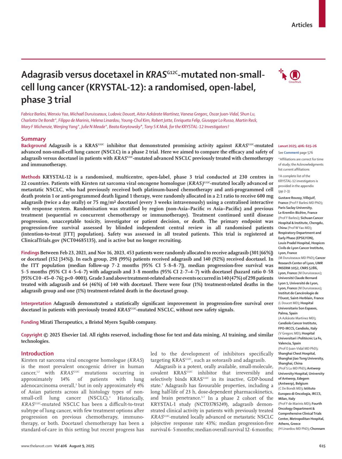 Adagrasib Versus Docetaxel In Krasg12cmutated Nonsmallcell Lung Cancer Krystal12 A Randomised Openlabel Phase 3 Trial Prof Fabrice Barlesi Md Phd Prof Wenxiu Yao Md Michaãl Duruisseaux Md Phd Ludovic Doucet Md Aitor Azkãrate Martãnez Md Vanesa Gregorc Md Prof Oscar Juanvidal Md Phd Prof Shun Lu Md Phd Charlotte De Bondt Md Prof Filippo De Marinis