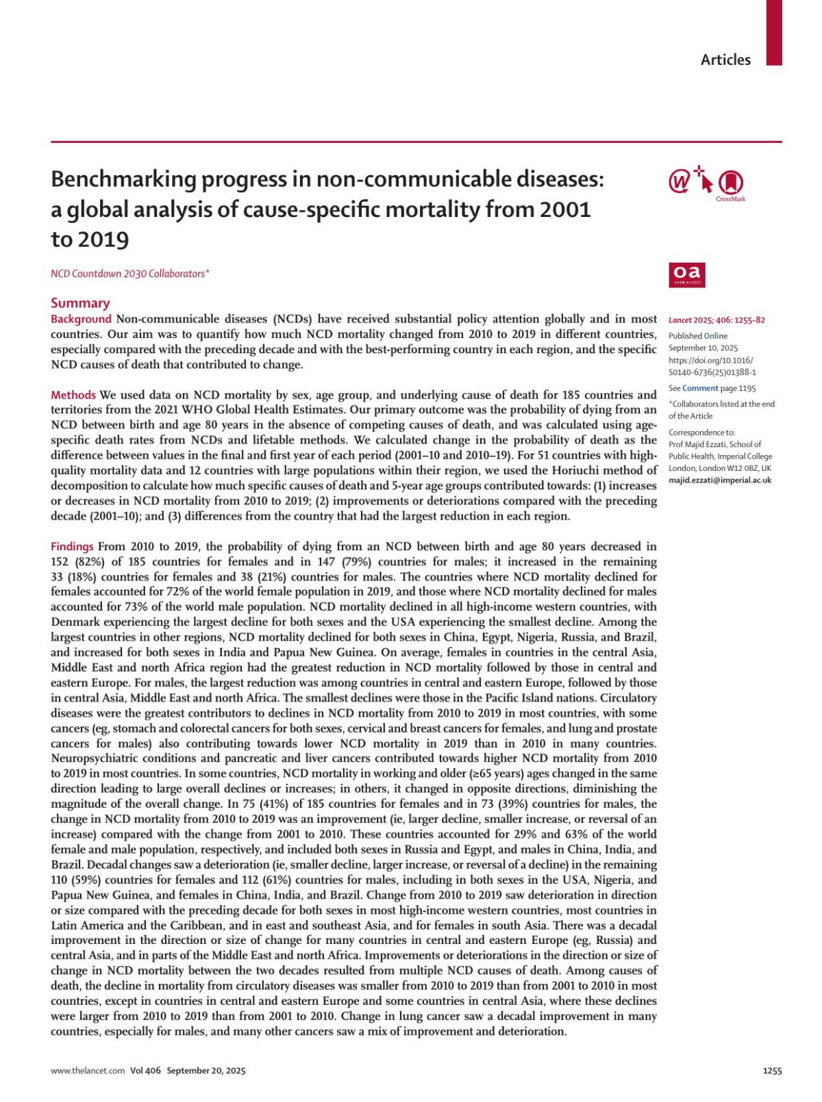 Benchmarking Progress In Noncommunicable Diseases A Global Analysis Of Causespecific Mortality From 2001 To 2019 James E Bennett Olivia N Odriscoll Gretchen A Stevens Nestor Aldearamos Freddie Bray Farshad Farzadfar Michel Guillot Jã14rgen Rehm Vikram Patel Gill Livingston Pablo Perel Shekhar Saxena Margaret E Kruk Ole F Norheim