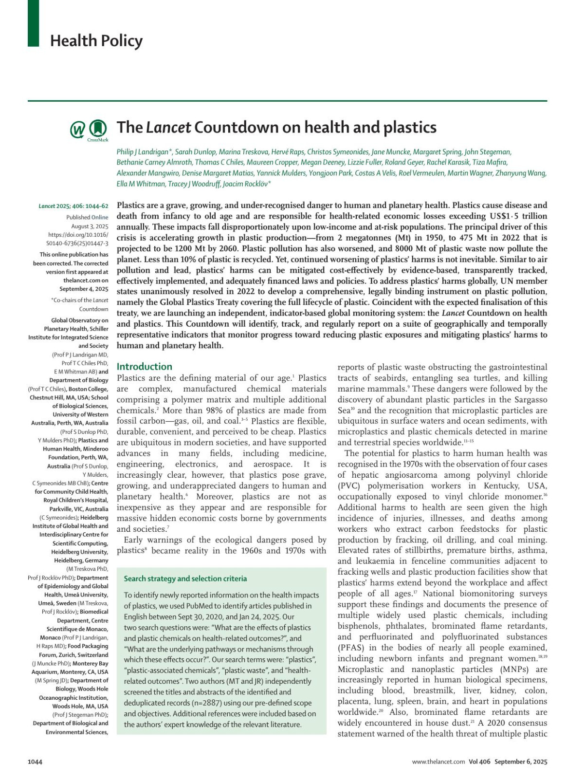 The Lancet Countdown On Health And Plastics Prof Philip J Landrigan Md Prof Sarah Dunlop Phd Marina Treskova Phd Hervã Raps Md Christos Symeonides Mb Chb Jane Muncke Phd Margaret Spring Jd Prof John Stegeman Phd Prof Bethanie Carney Almroth Phd Prof Thomas C Chiles Phd Prof