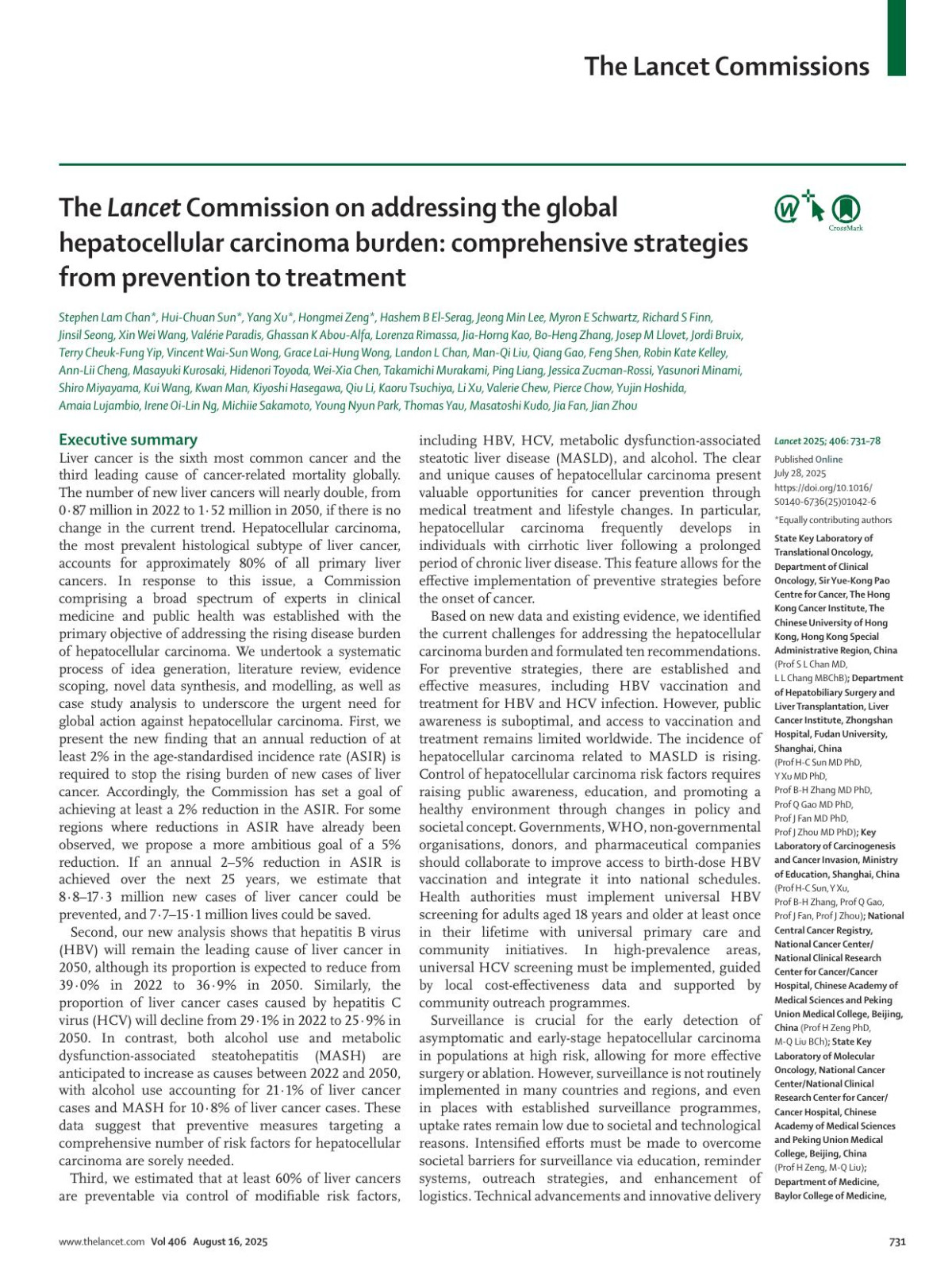 The Lancet Commission On Addressing The Global Hepatocellular Carcinoma Burden Comprehensive Strategies From Prevention To Treatment Prof Stephen Lam Chan Md Prof Huichuan Sun Md Phd Yang Xu Md Phd Prof Hongmei Zeng Phd Prof Hashem B Elserag Md Mph Prof Jeong Min Lee Md Phd Prof Myron E Schwartz Md Prof Richard S Finn Md Prof Jinsil Seong Md Phd Prof Xin Wei Wang