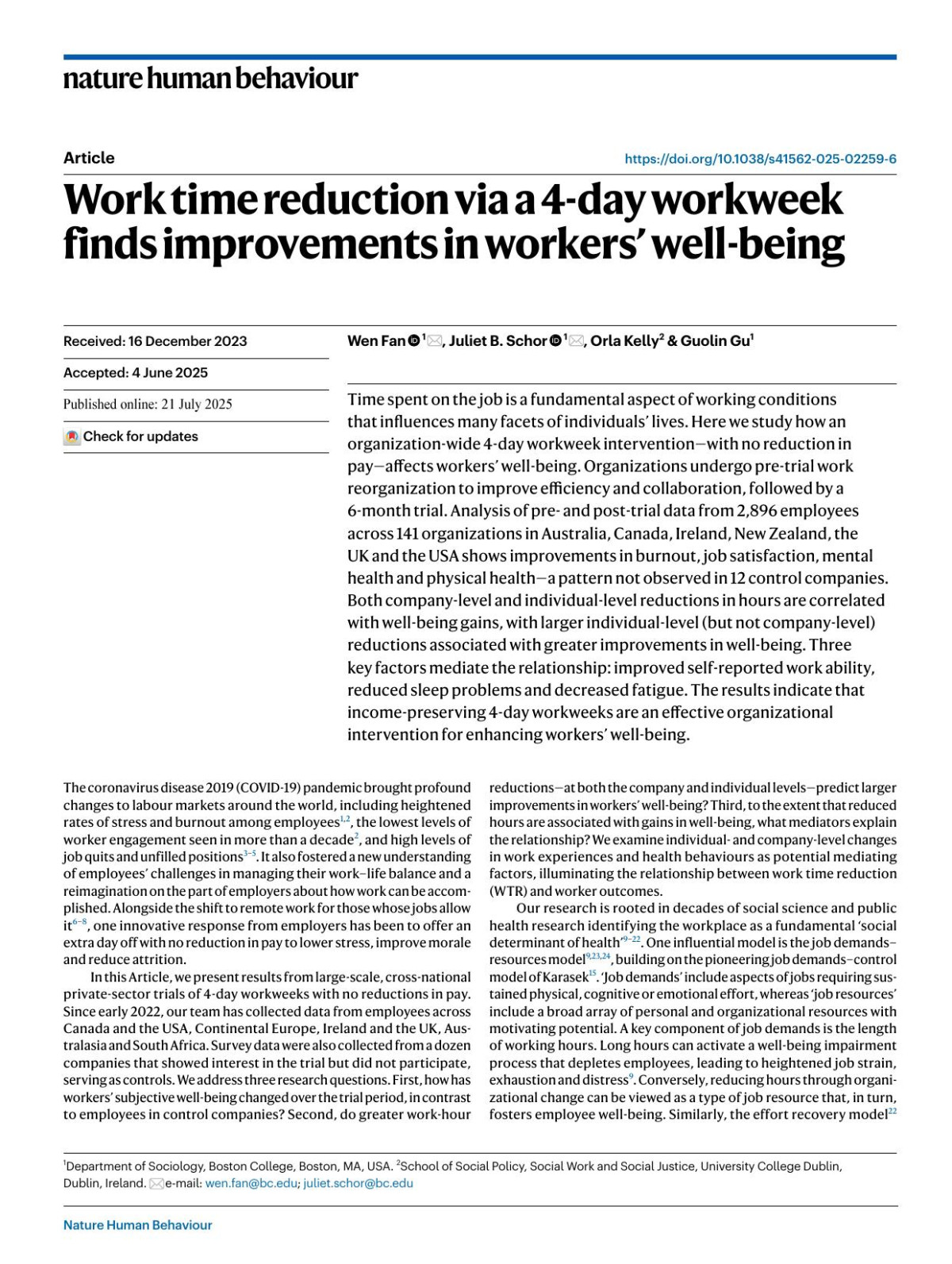 Work Time Reduction Via A 4day Workweek Finds Improvements In Workers Wellbeing Wen Fan Juliet B Schor Orla Kelly Guolin Gu