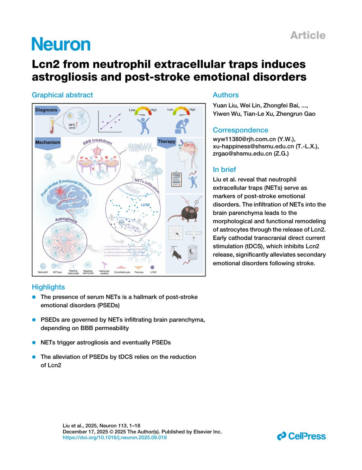 Lcn2 From Neutrophil Extracellular Traps Inducesastrogliosis And Poststroke Emotional Disorders Yuan Liu Wei Lin Zhongfei Bai Yuting Ge Yuanjie Xiao Feifei Zhu Jing Zhang Bingying Wang Qiyang Li Li Gao Yan Li Chunlei Shan Jun Nagai Yiwen Wu Tianle Xu Zhengrun Gao