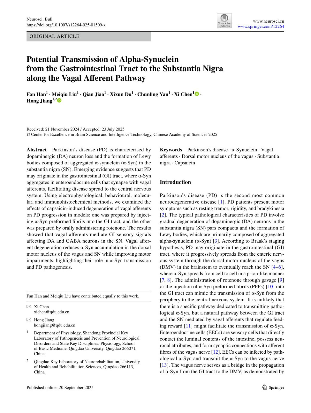 Potential Transmission Of Alphasynuclein From The Gastrointestinal Tract To The Substantia Nigra Along The Vagal Afferent Pathway Fan Han Meiqiu Liu Qian Jiao Xixun Du Chunling Yan Xi Chen Hong Jiang