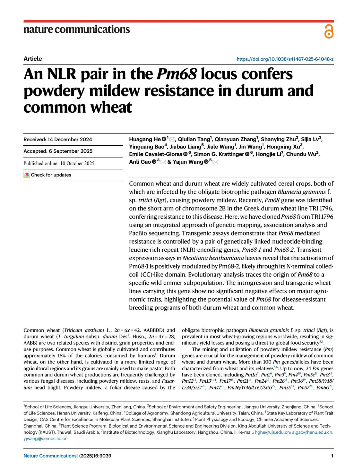An Nlr Pair In The Pm68 Locus Confers Powdery Mildew Resistance In Durum And Common Wheat Huagang He Qiulian Tang Qianyuan Zhang Shanying Zhu Sijia Lv Yinguang Bao Jiabao Liang Jiale Wang Jin Wang Hongxing Xu Emile Cavaletgiorsa Simon G Krattinger Hongjie Li Chundu Wu Anli Gao Yajun Wang